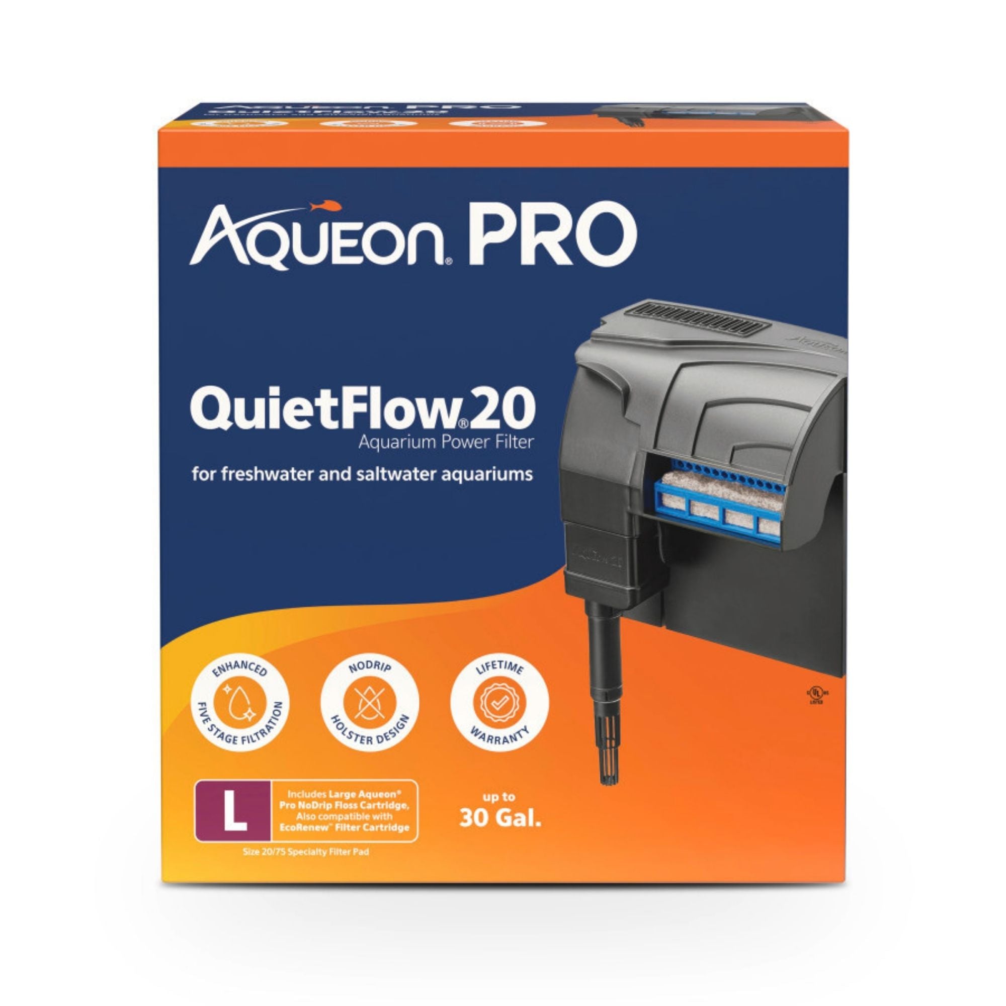 Aqueon PRO QuietFlow Aquarium Power Filter 1ea/Size 20, Up To 30 gal