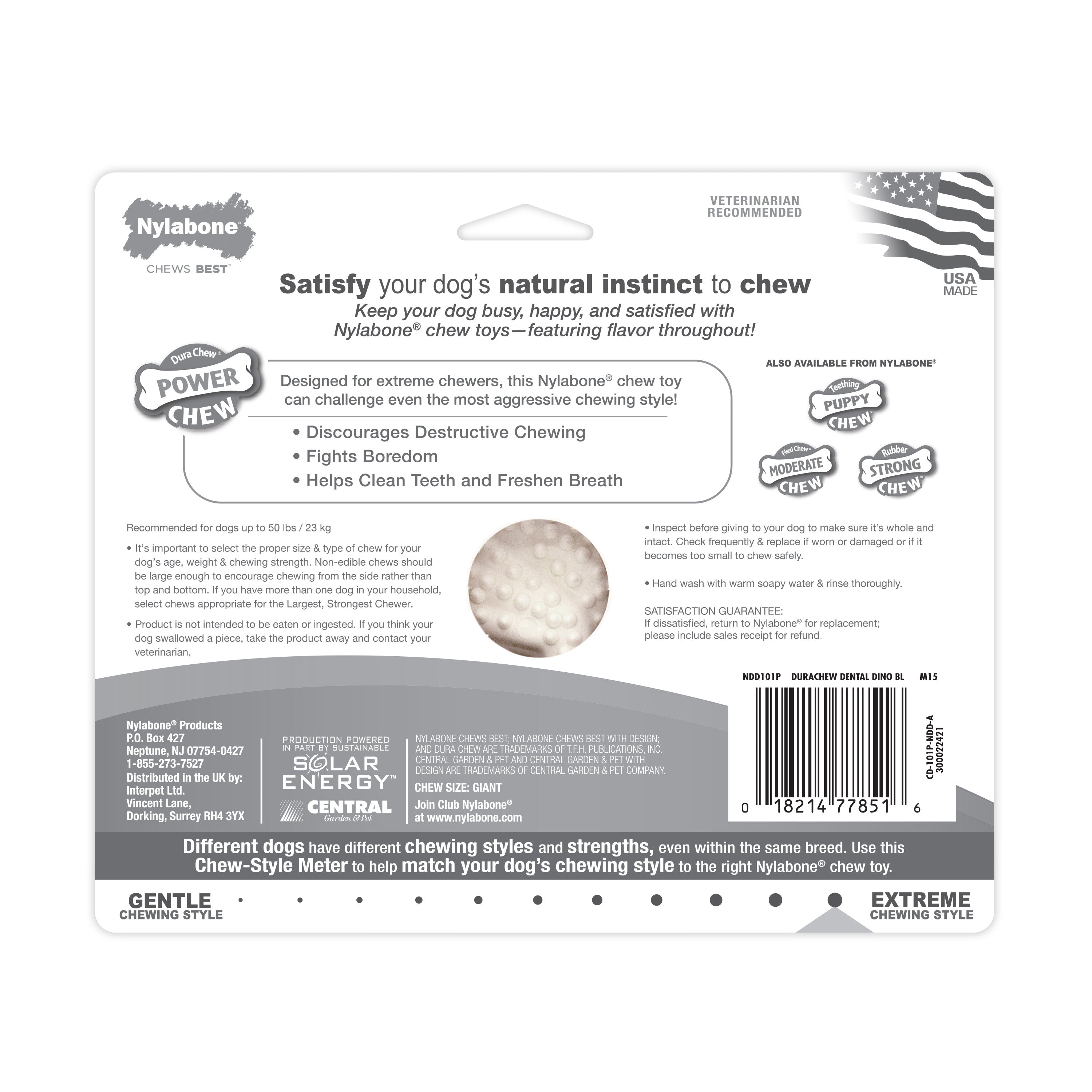 Nylabone Power Chew Dental Dinosaur Dog Toy Chicken, White, 1ea/Large/Giant  Up To 50 Lbs. 1 ct