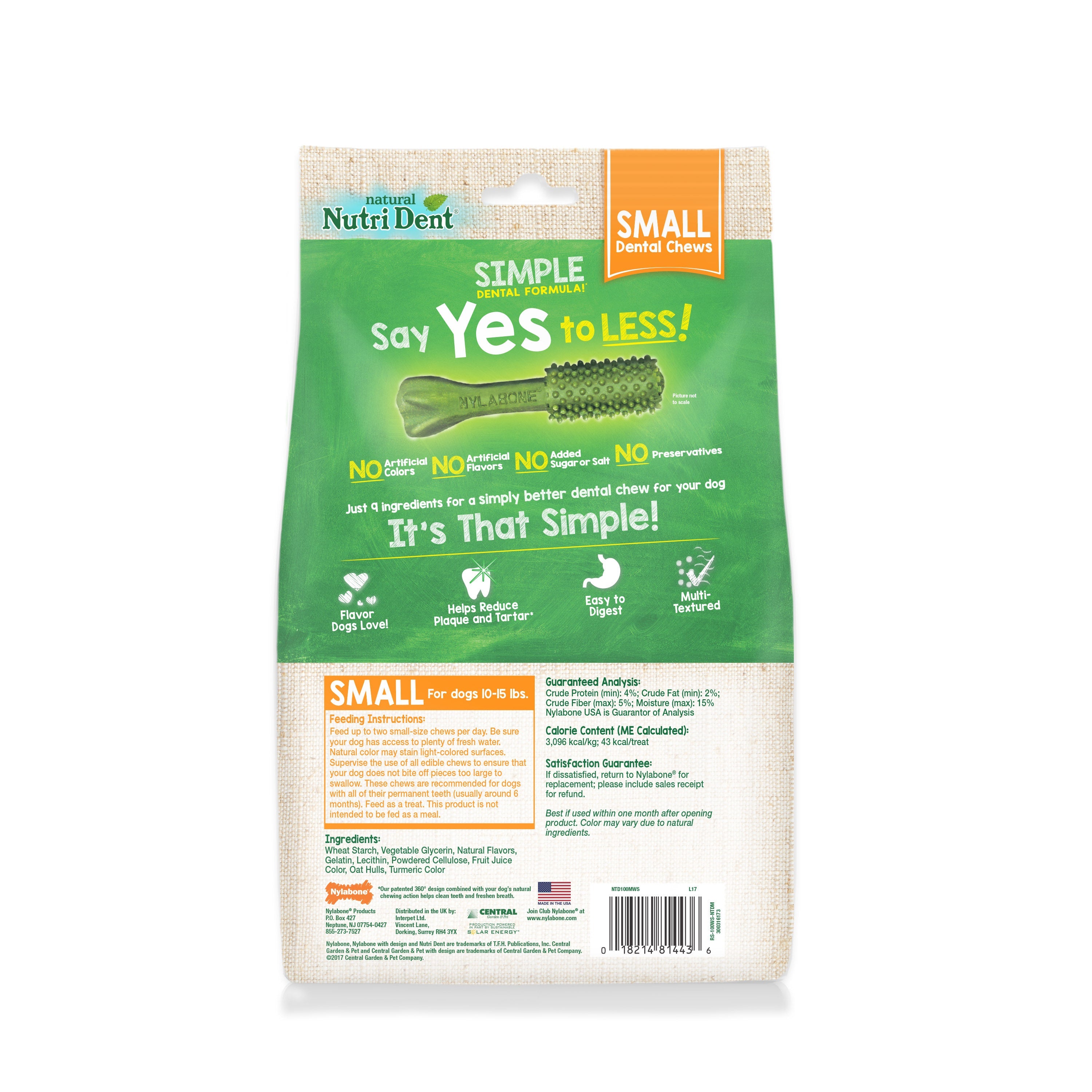 Nylabone Nutri Dent SIMPLE Natural Dental Fresh Breath Flavored Chew Treats 1ea/SMall, 12 ct