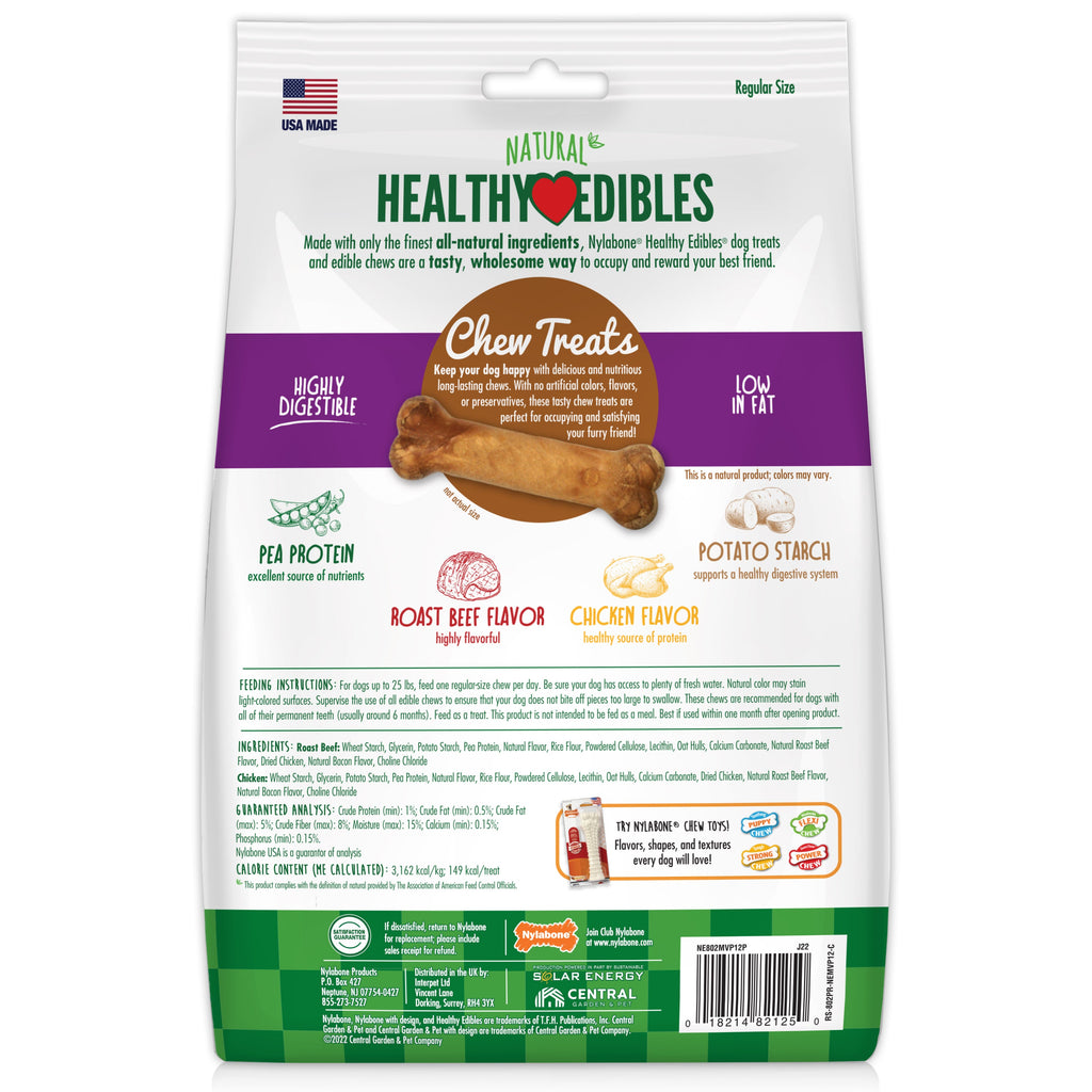 Nylabone Healthy Edibles AllNatural Long Lasting Roast Beef and Chicken Dog Chew Treats Variety, SMall/Regular  Up To 25 Ibs. 12 ct