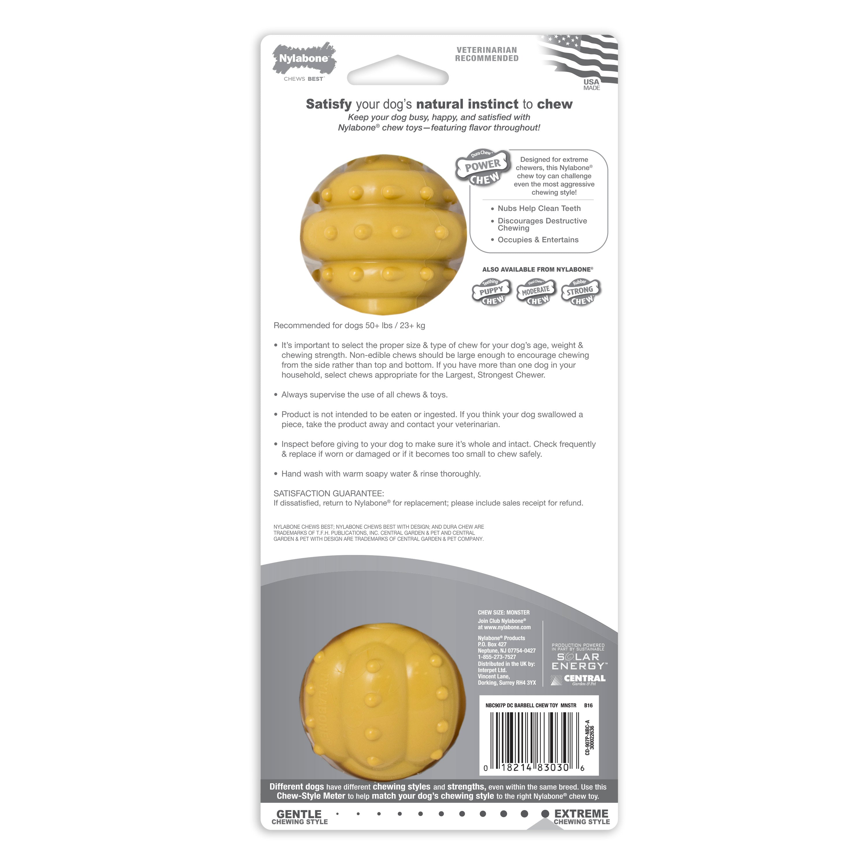 Nylabone Barbell Power Chew Durable Dog Toy Peanut Butter, 1ea/XXL/Monster  50 Lbs. 1 ct