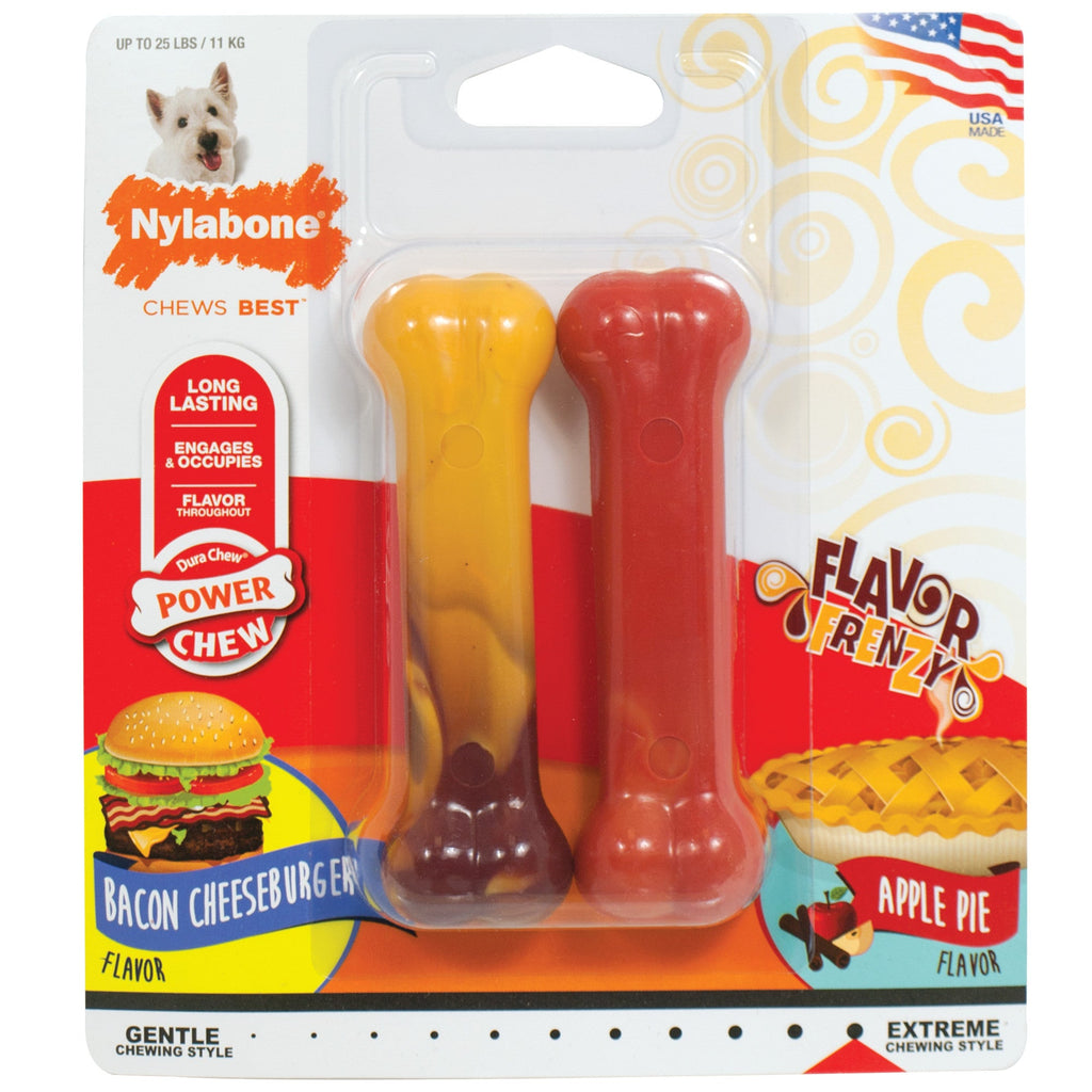 Nylabone Power Chew Flavor Frenzy Durable Dog Chew Toys Twin Pack Bacon Cheeseburger  Apple Pie, 1ea/SMall/Regular  Up To 25 Ibs. 2 ct