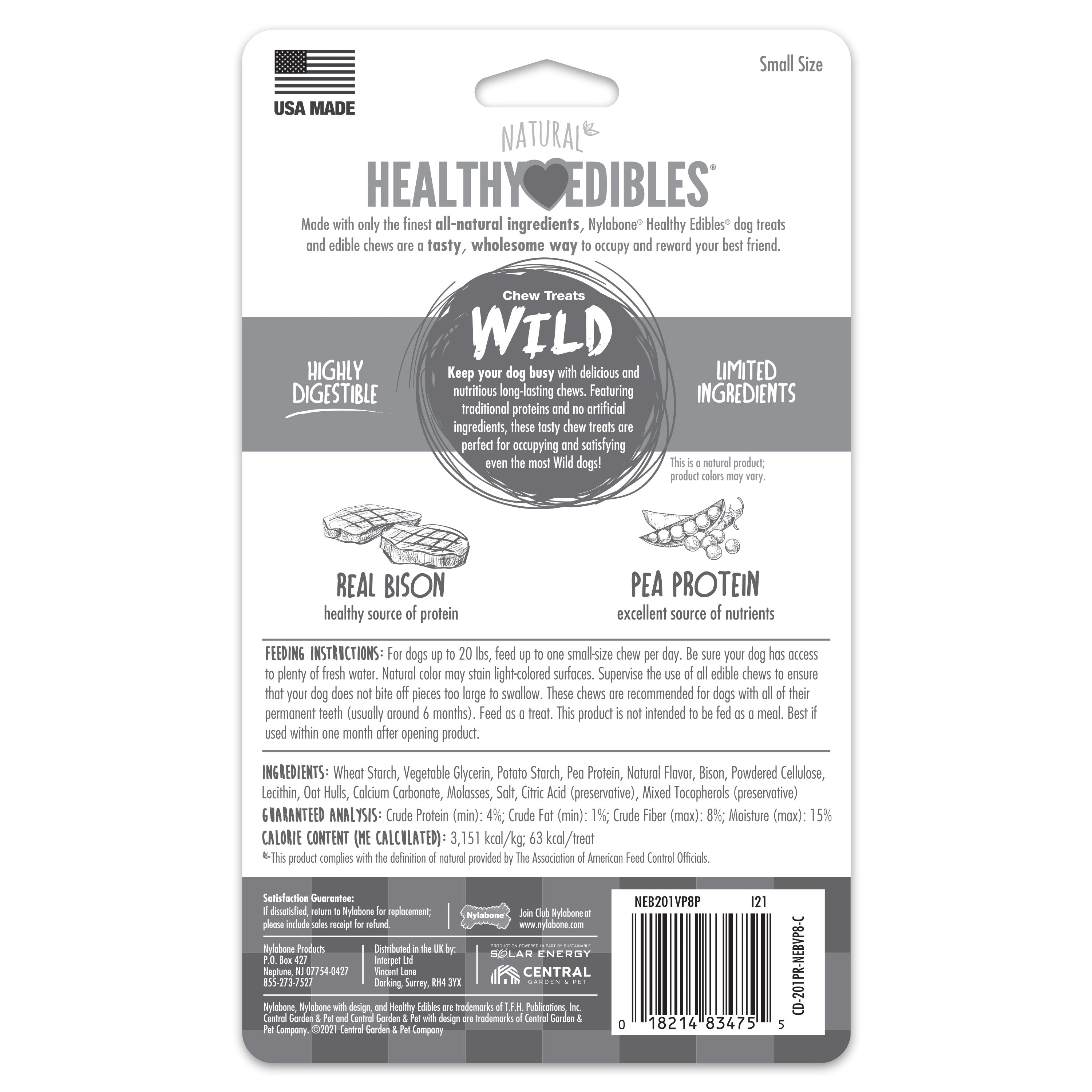 Nylabone Healthy Edibles WILD AllNatural Long Lasting Chew Treats Bison, 1ea/SMall/Regular  Up To 25 Ibs. 8 ct