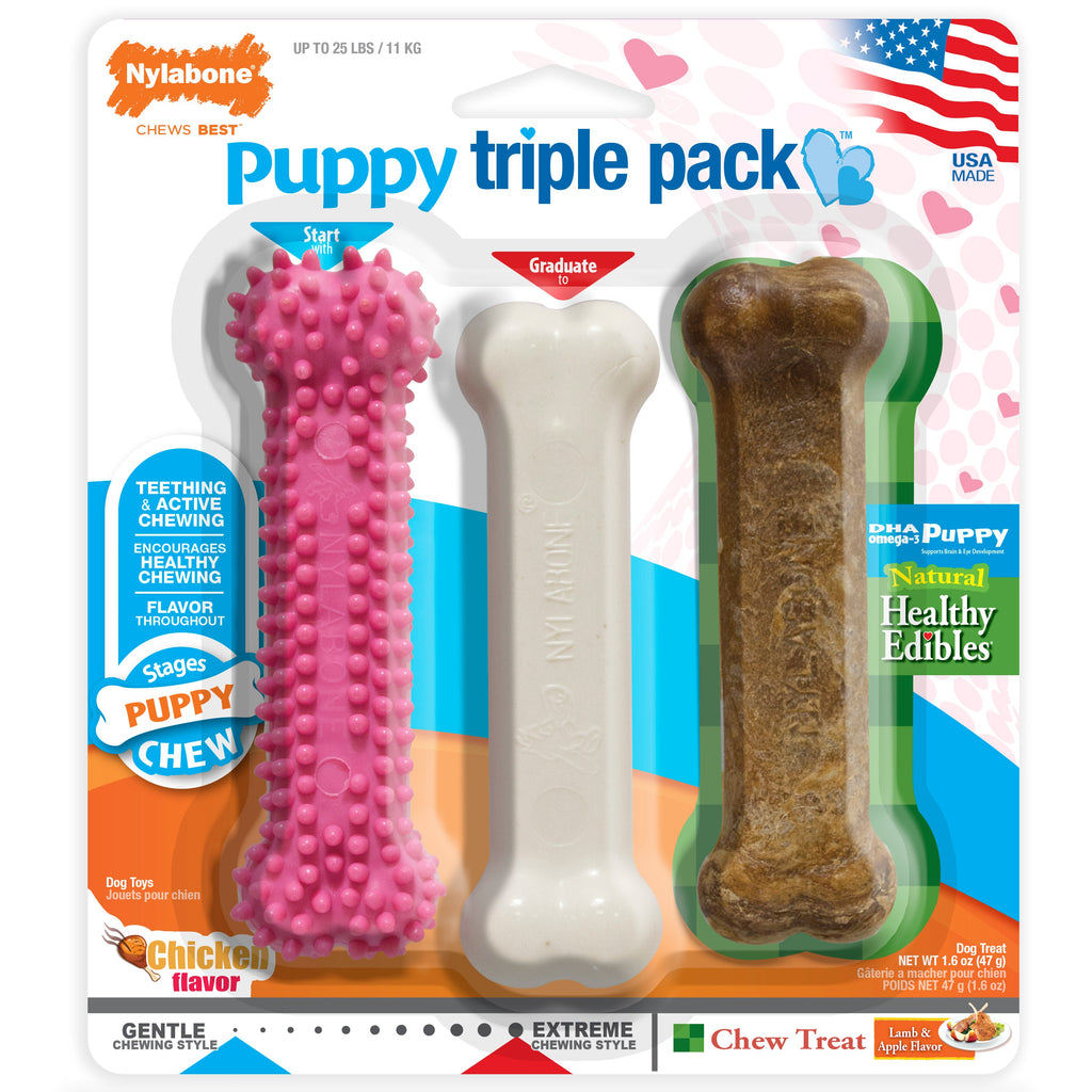 Nylabone Puppy Chew Variety Toy  Treat Triple Pack Chicken  Lamb Starter Kit, 1ea/SMall/Regular  Up To 25 Ibs.