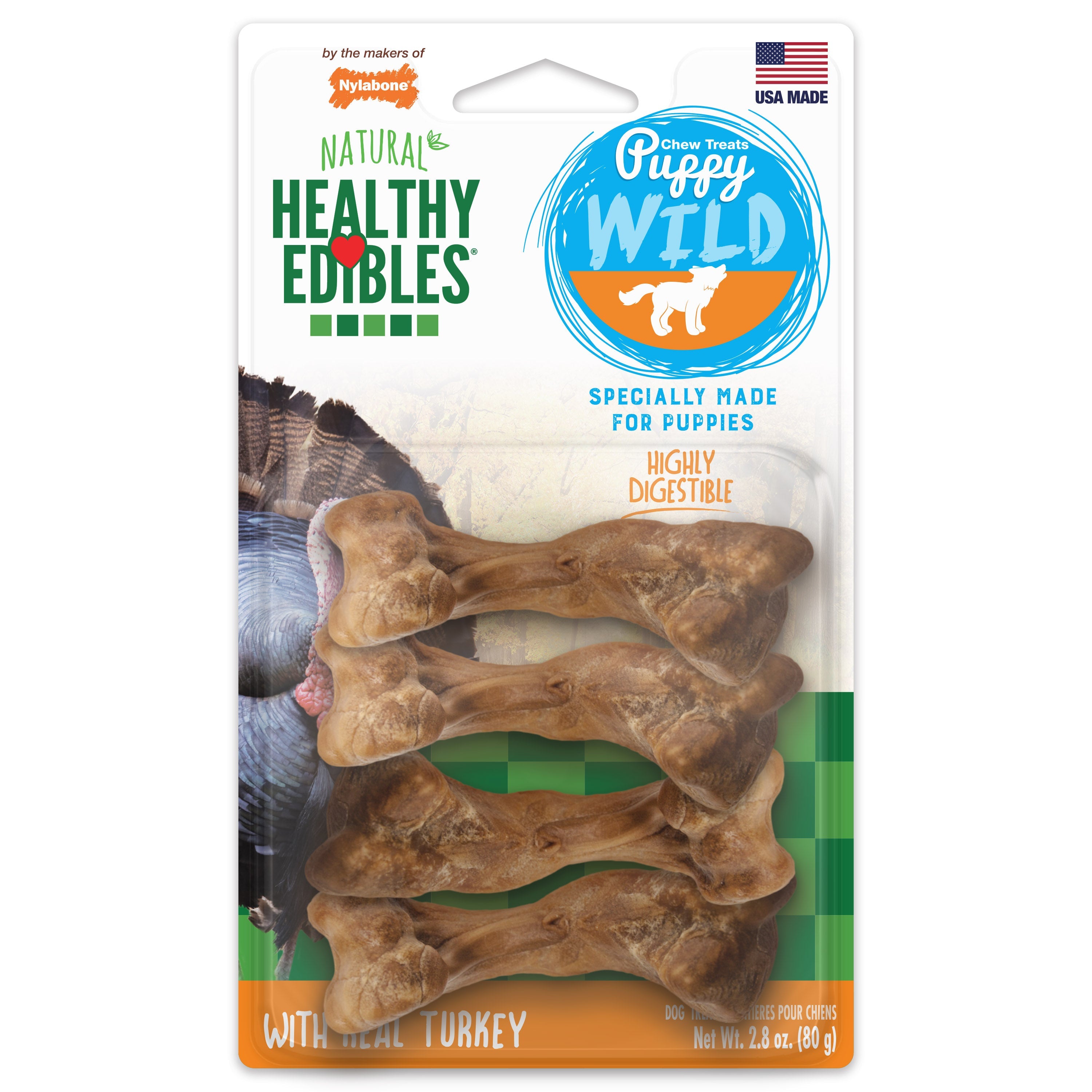 Nylabone Healthy Edibles WILD AllNatural Long Lasting Puppy Chew Treats Turkey, 1ea/SMall/Regular  Up To 25 Ibs. 4 ct
