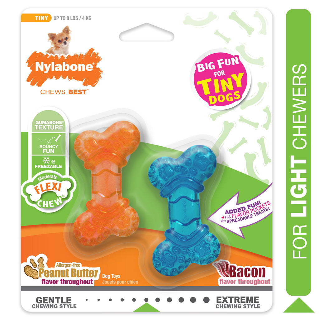 Nylabone Moderate Chew FlexiChew Bone Peanut Butter  Bacon, Orange  Blue, 1ea/XXS/Tiny  Up To 8 Lbs. 2 ct