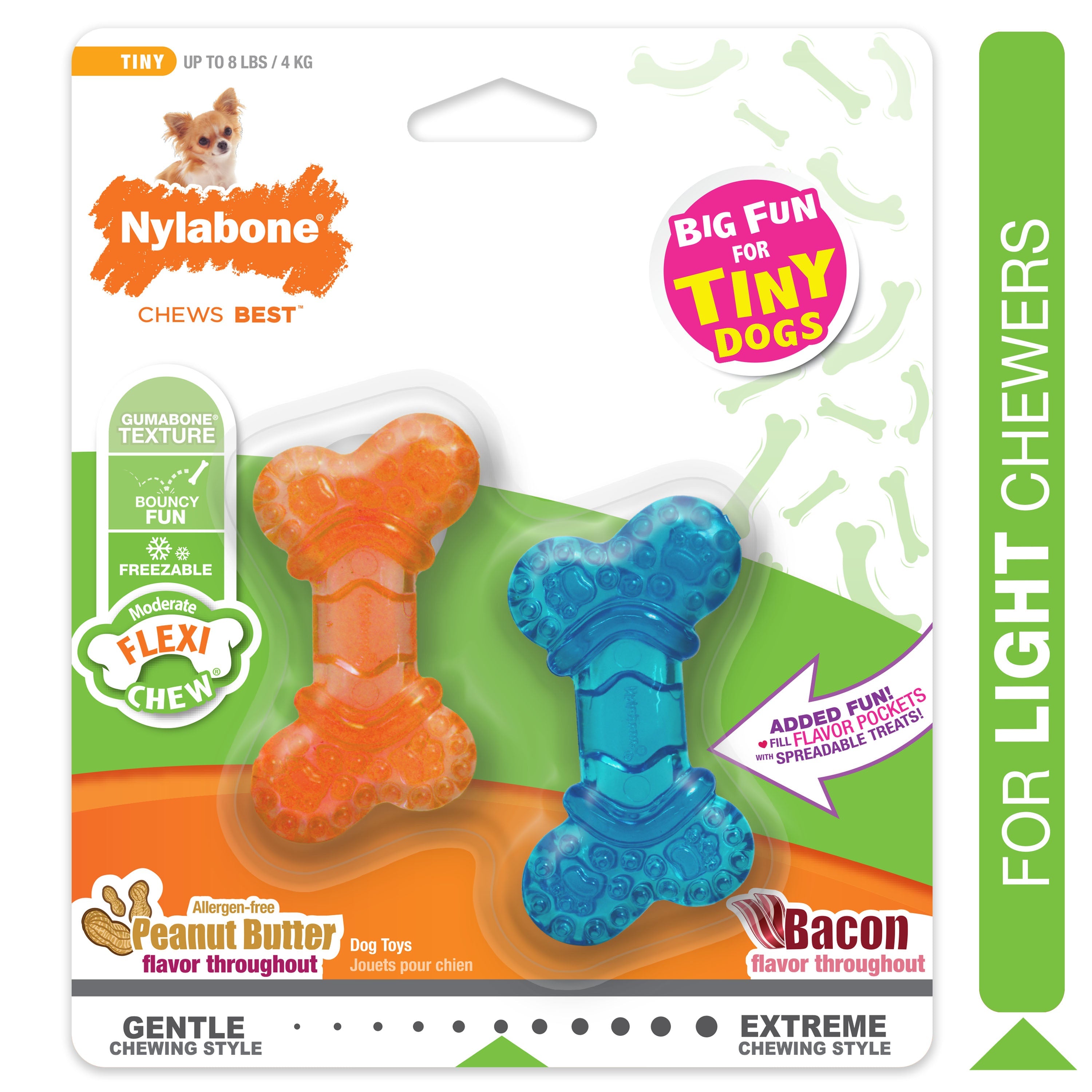 Nylabone Moderate Chew FlexiChew Bone Peanut Butter  Bacon, Orange  Blue, 1ea/XXS/Tiny  Up To 8 Lbs. 2 ct