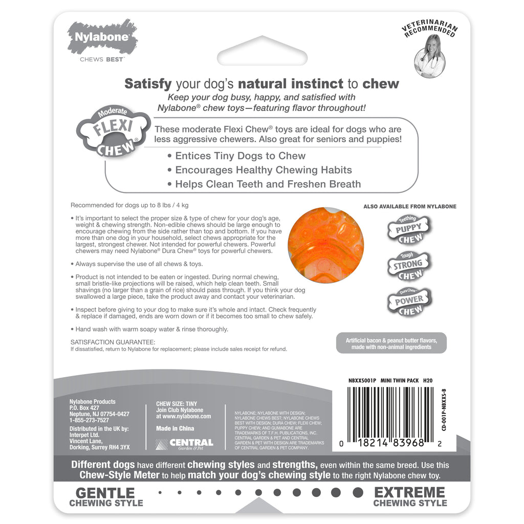 Nylabone Moderate Chew FlexiChew Bone Peanut Butter  Bacon, Orange  Blue, 1ea/XXS/Tiny  Up To 8 Lbs. 2 ct