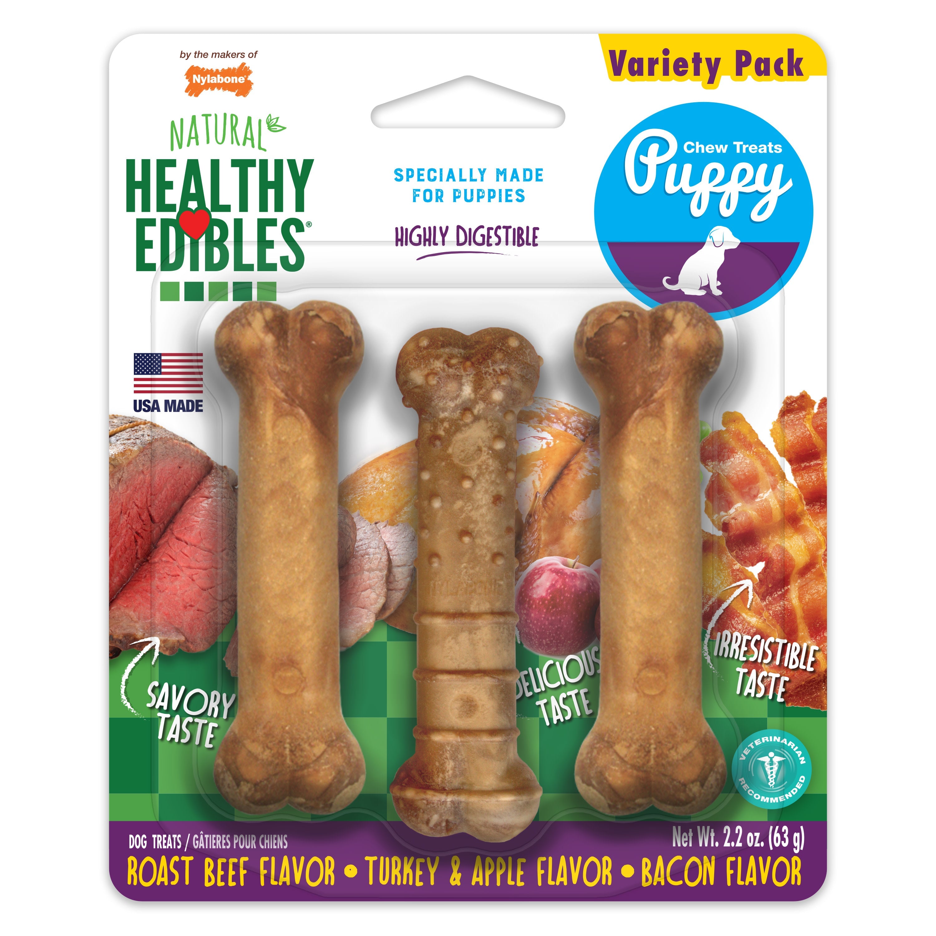 Nylabone Healthy Edibles AllNatural Long Lasting Puppy Chew Treats Roast Beef, Turkey, Apple, Bacon, 1ea/XS/Petite  Up To 15 Lbs. 3 ct