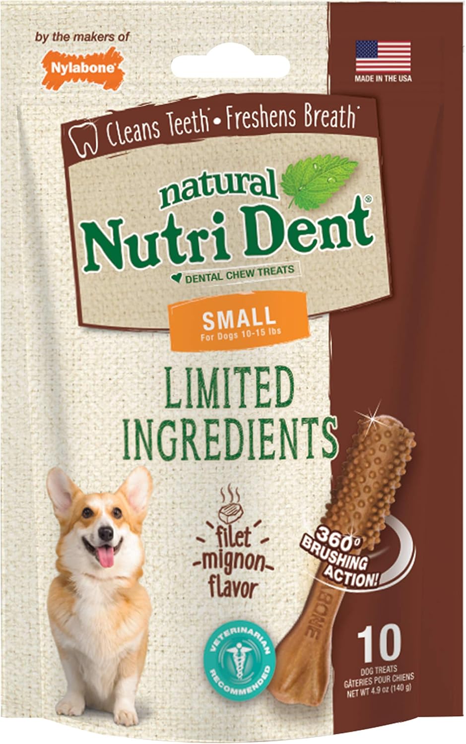 Nylabone Nutrident Filet Mignon Dental Chew Treat Small Pouch 10ct