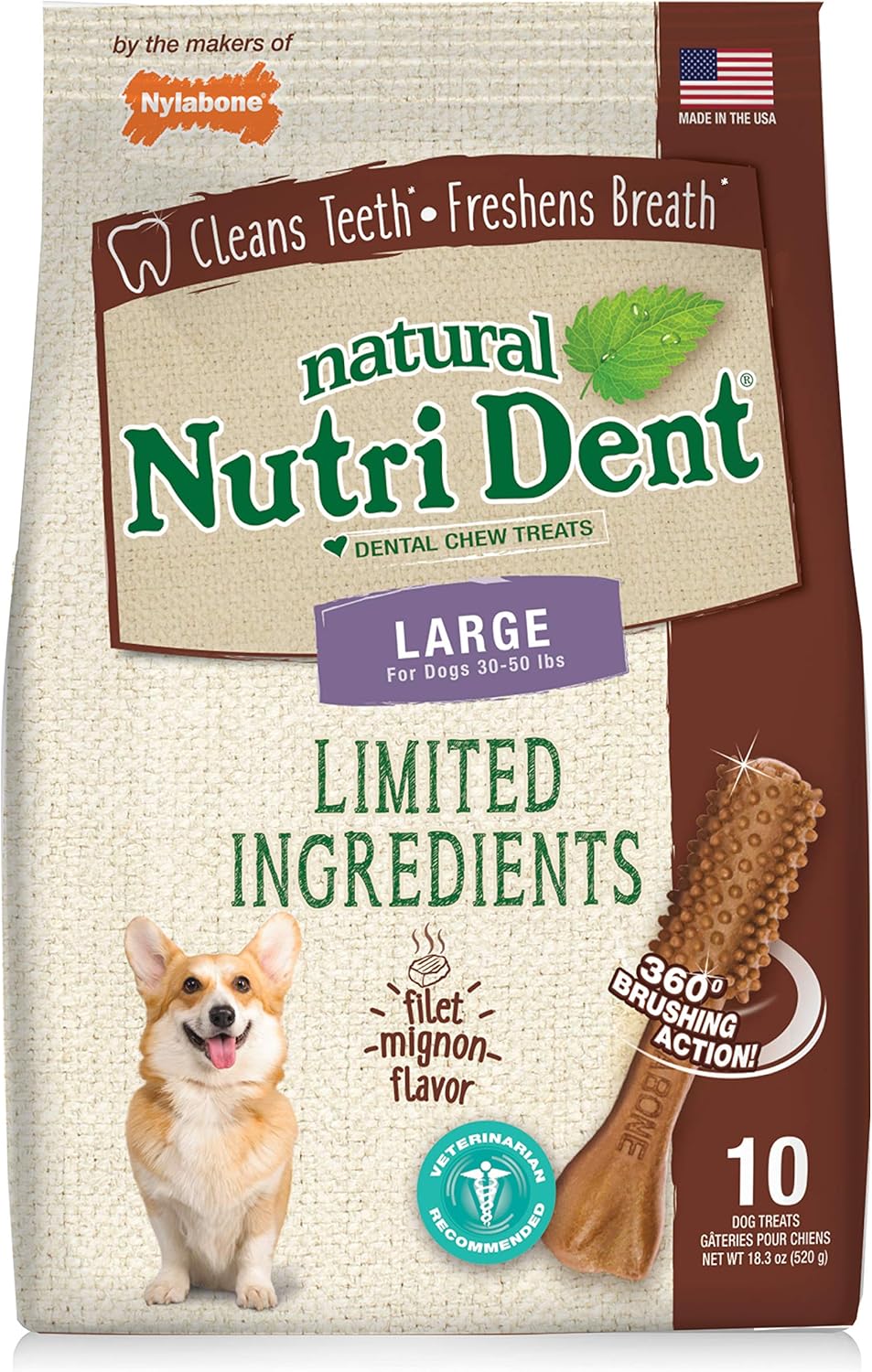 Nylabone Nutrident Filet Mignon Dental Chew Treat Large Pouch 10ct