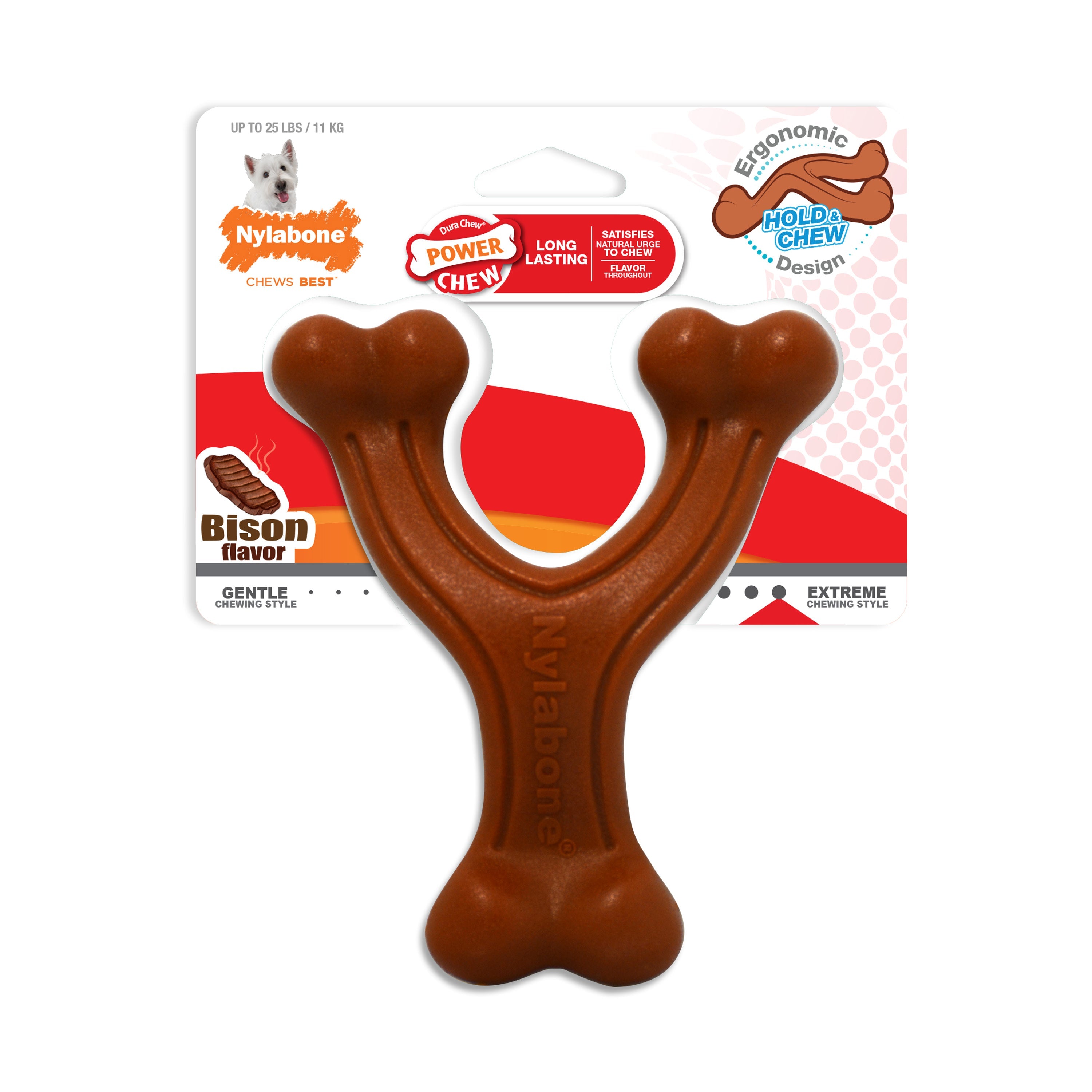 Nylabone Ergonomic Hold  Chew Wishbone Power Chew Durable Dog Toy Bison, 1ea/SMall/Regular  Up To 25 Ibs.