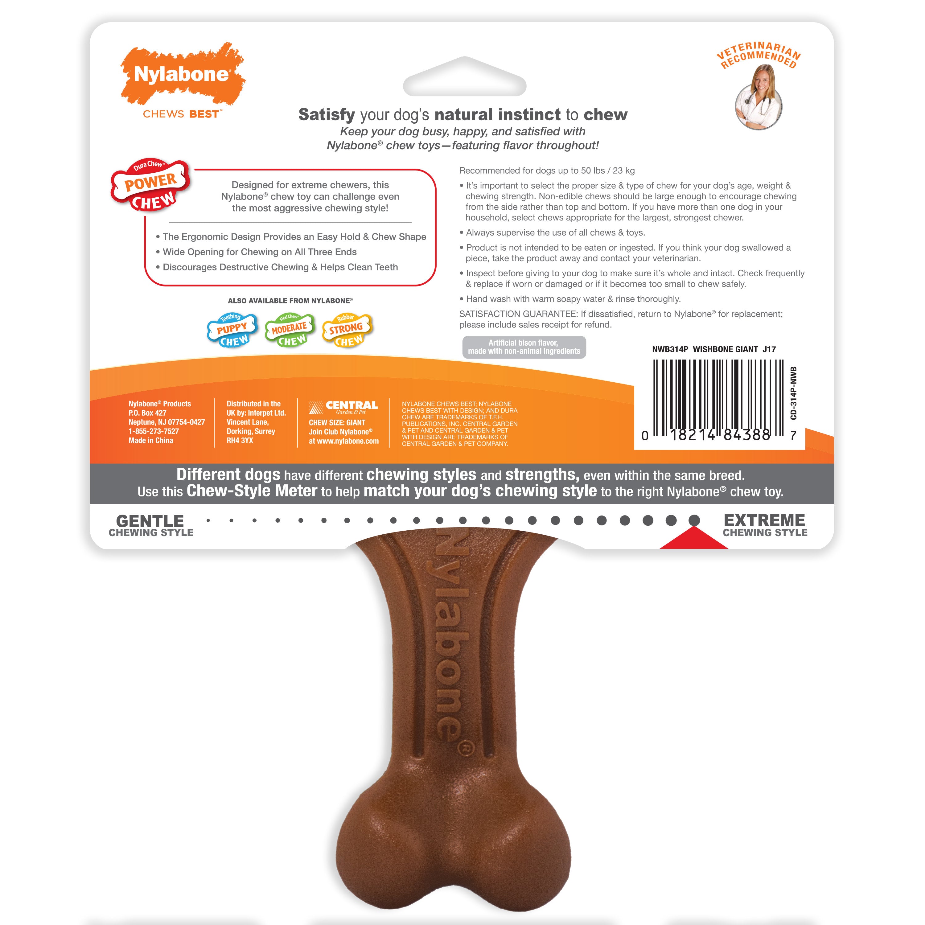 Nylabone Ergonomic Hold  Chew Wishbone Power Chew Durable Dog Toy Bison, 1ea/Large/Giant  Up To 50 lb