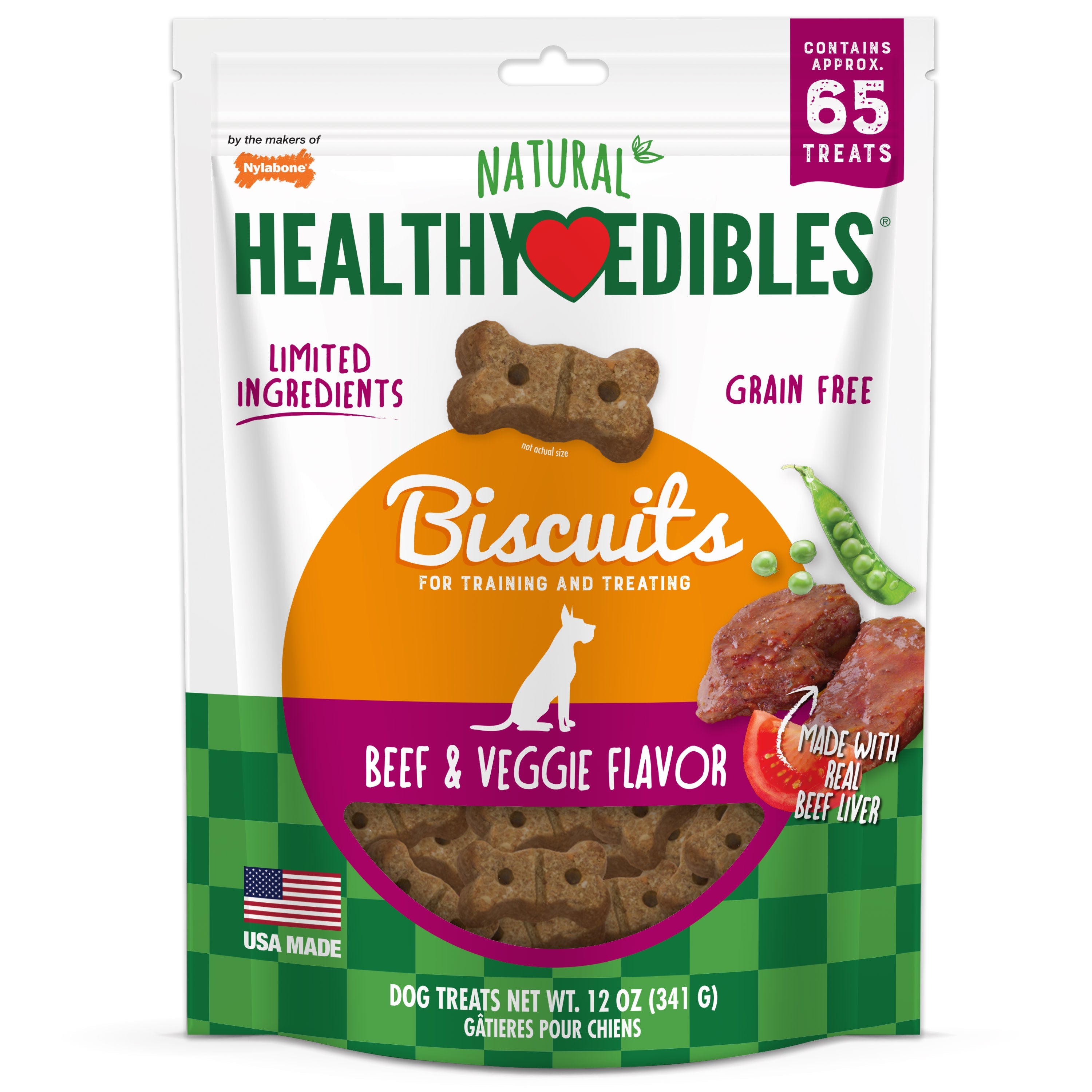 Nylabone Healthy Edibles Biscuits Grain Free Dog Treats Beef & Veggie 1ea/12 oz