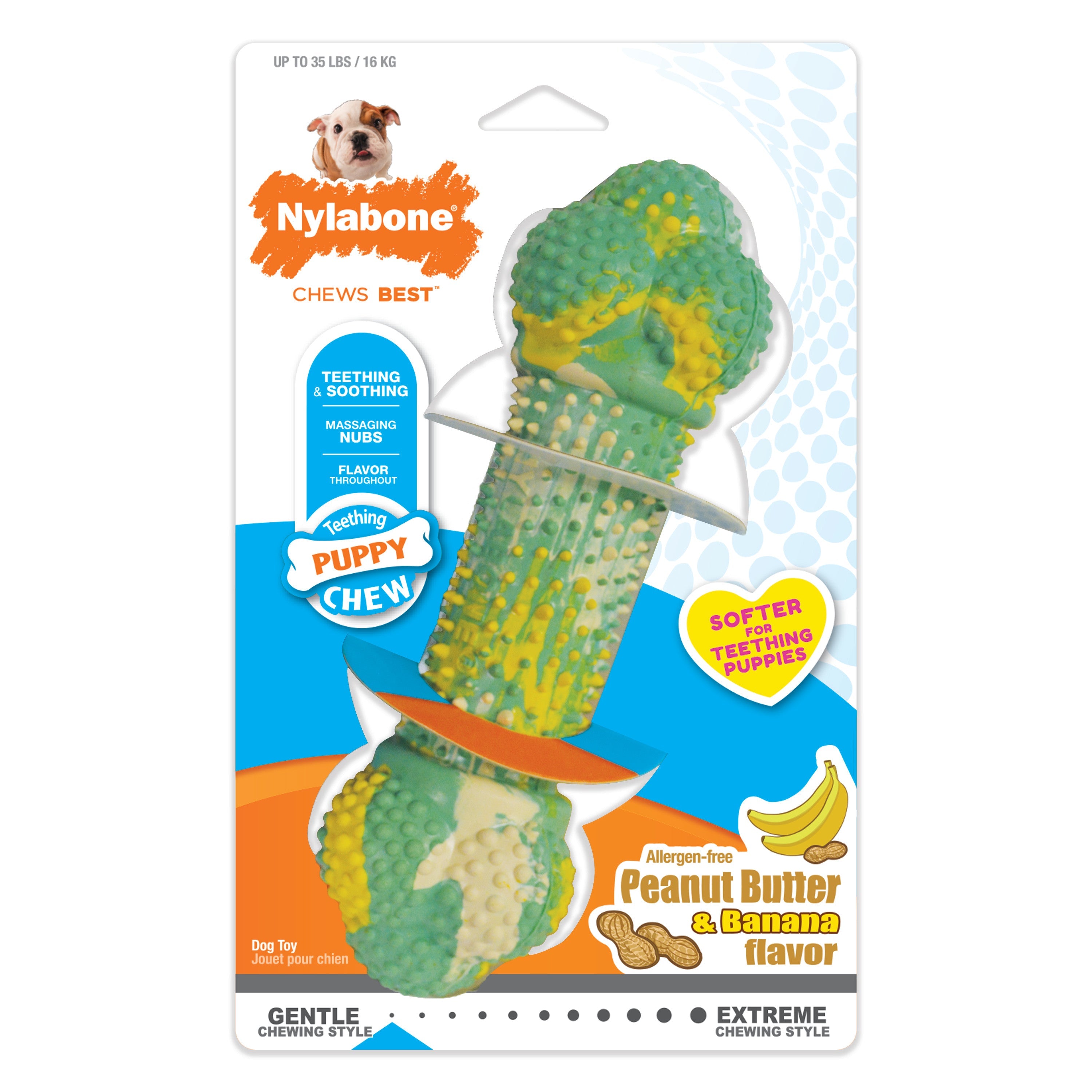 Nylabone Just for Puppies Double Action Bone Puppy Dog Teething Chew Toy Peanut Butter  Banana, 1ea/Medium/Wolf  Up To 35 Lbs. 1 ct