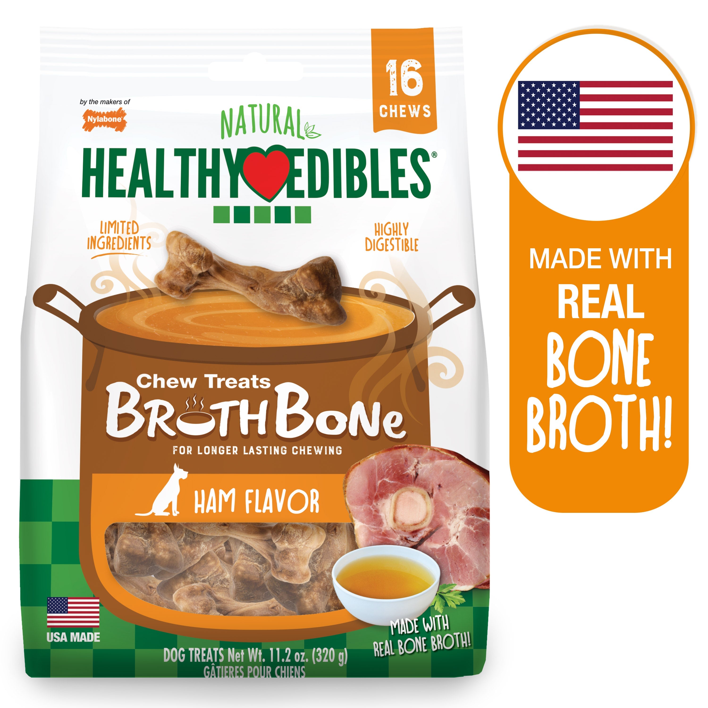 Nylabone Healthy Edibles Broth Bone AllNatural Long Lasting Chew Treats 16 count, 1ea/Regular  Up To 25 Ibs.