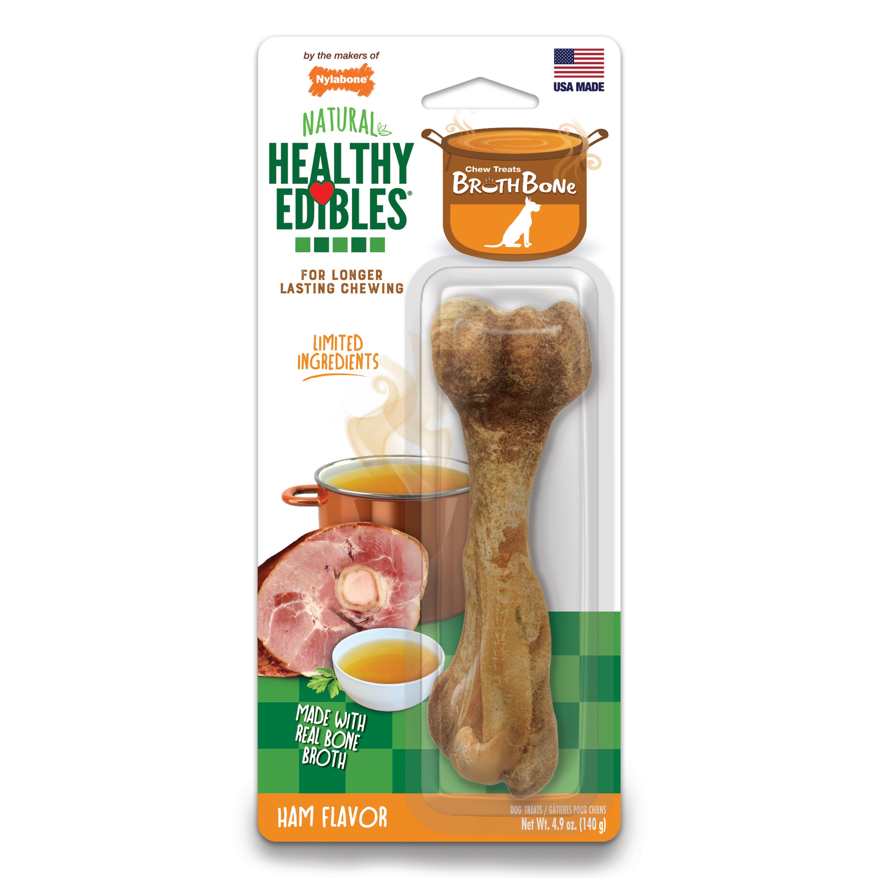 Nylabone Healthy Edibles Broth Bone AllNatural Long Lasting Chew Treats 1 Count, 1ea/Giant  Up To 50 lb
