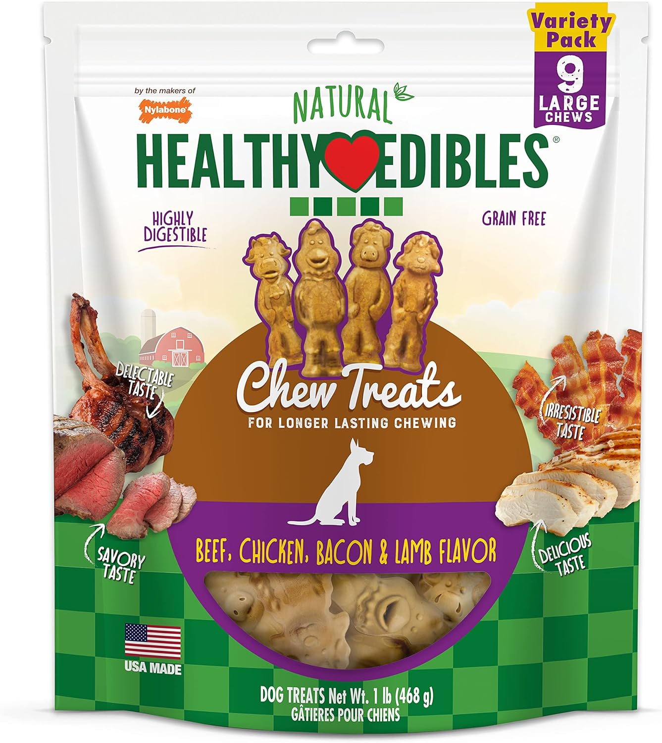 Nylabone Healthy Edibles Farm Friends Grain Free Dog Treats Beef, Chicken, Bacon, & Lamb 1ea/Large/Giant - Up To 50 lb