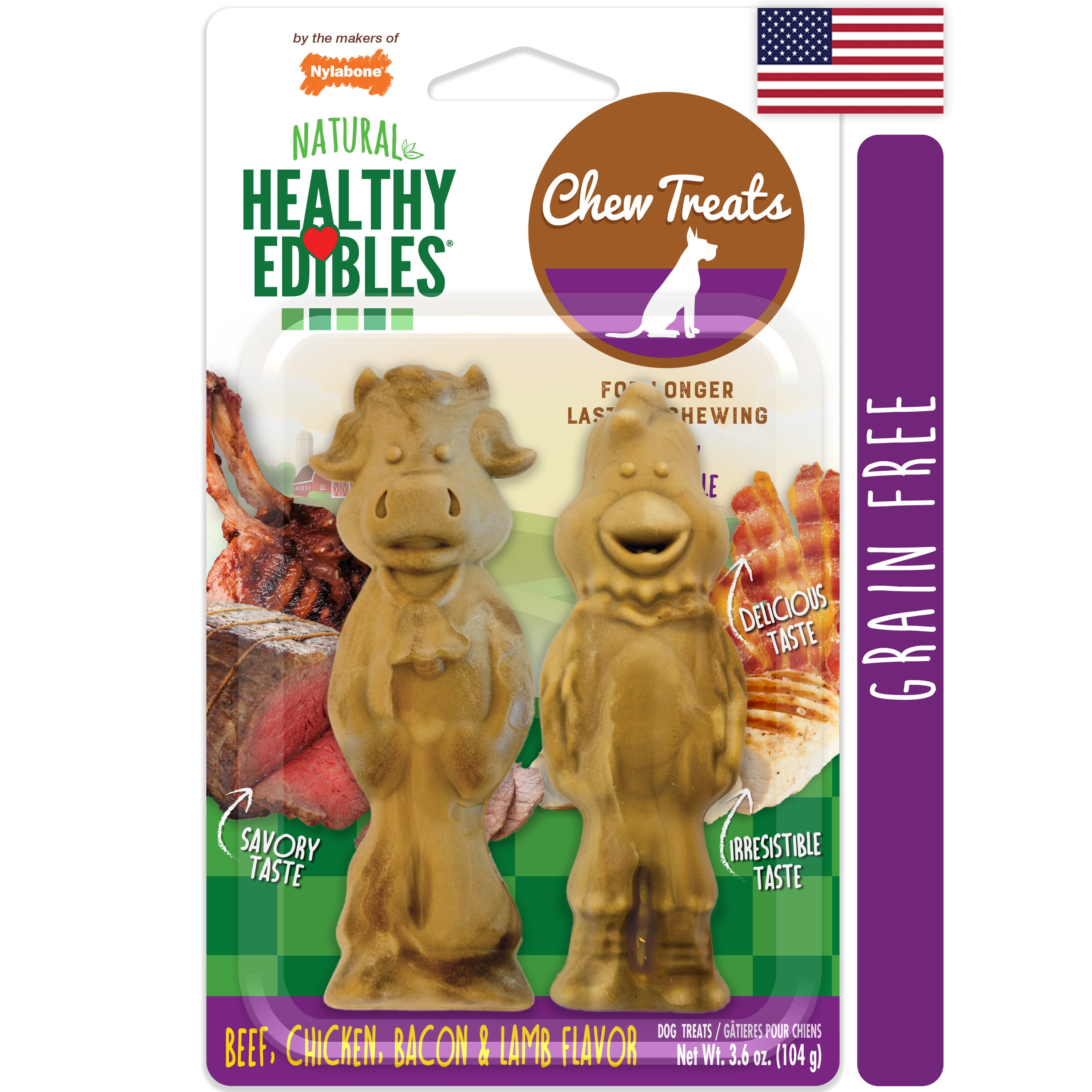 Nylabone Healthy Edibles Farm Friends Grain Free Dog Treats Beef, Chicken, Bacon, & Lamb 1ea/Large - Up To 50 lb