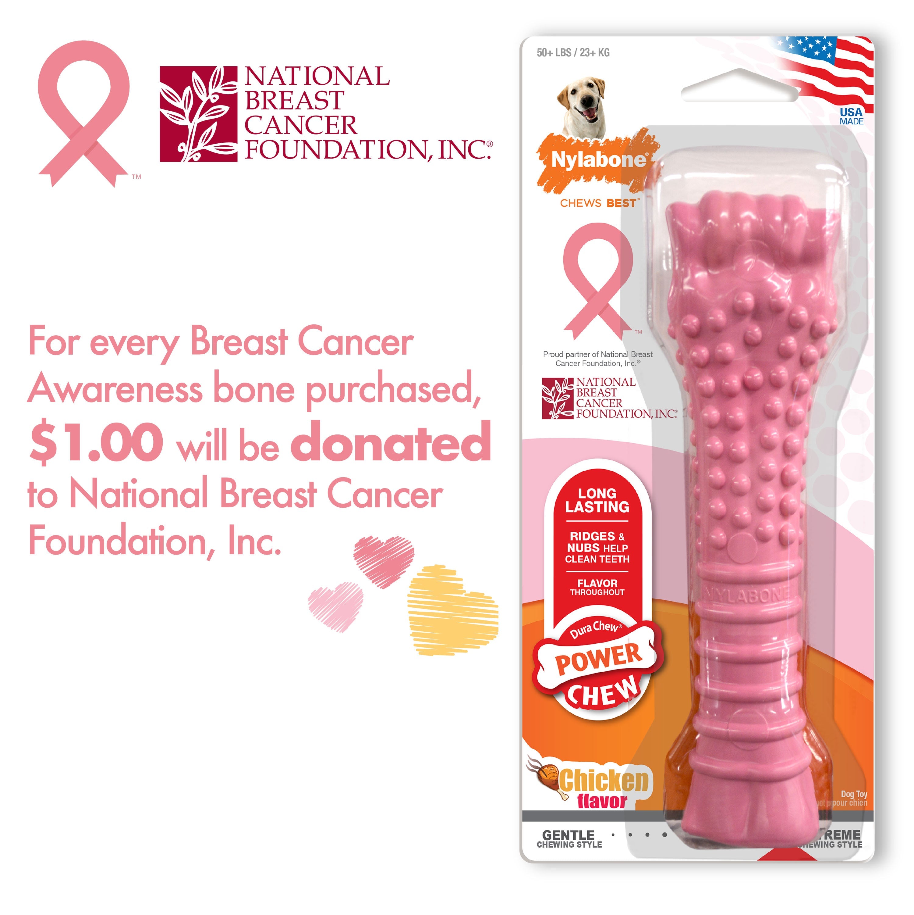 Nylabone Power Chew Breast Cancer Awareness Pink Souper Bone Dog Chew Toy Chicken, 1ea/XL/Souper  50 Lbs. 1 ct