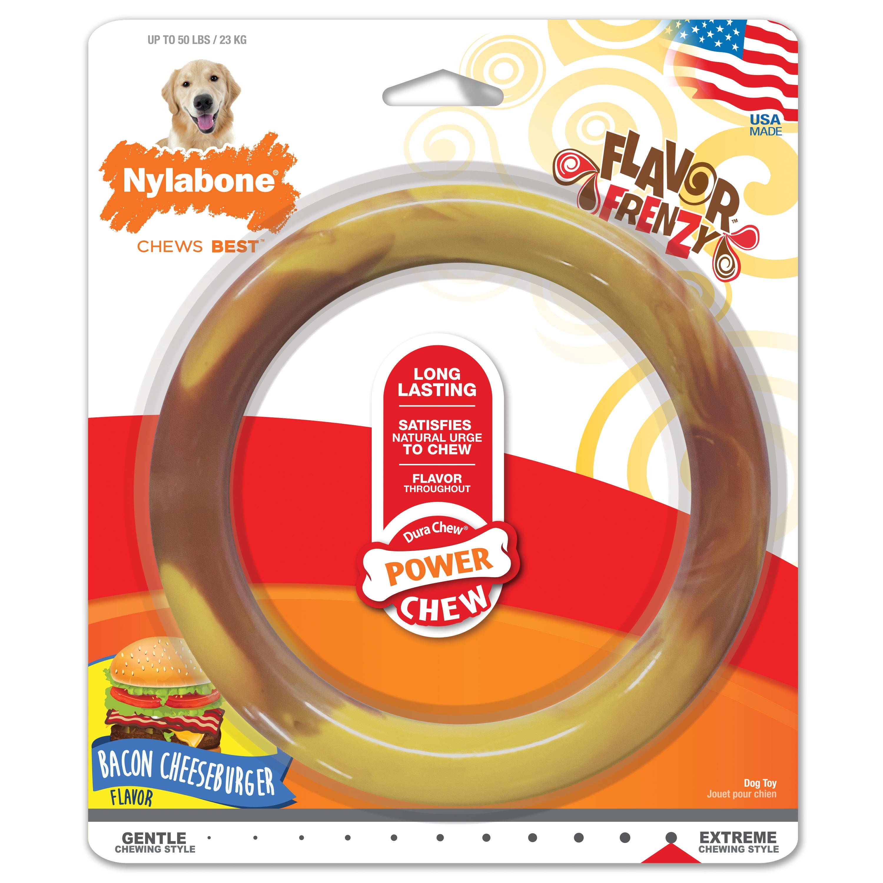 Nylabone Power Chew Flavor Frenzy Ring Dog Chew Toy Bacon Cheeseburger, 1ea/Large/Giant  Up To 50 Lbs. 1 ct