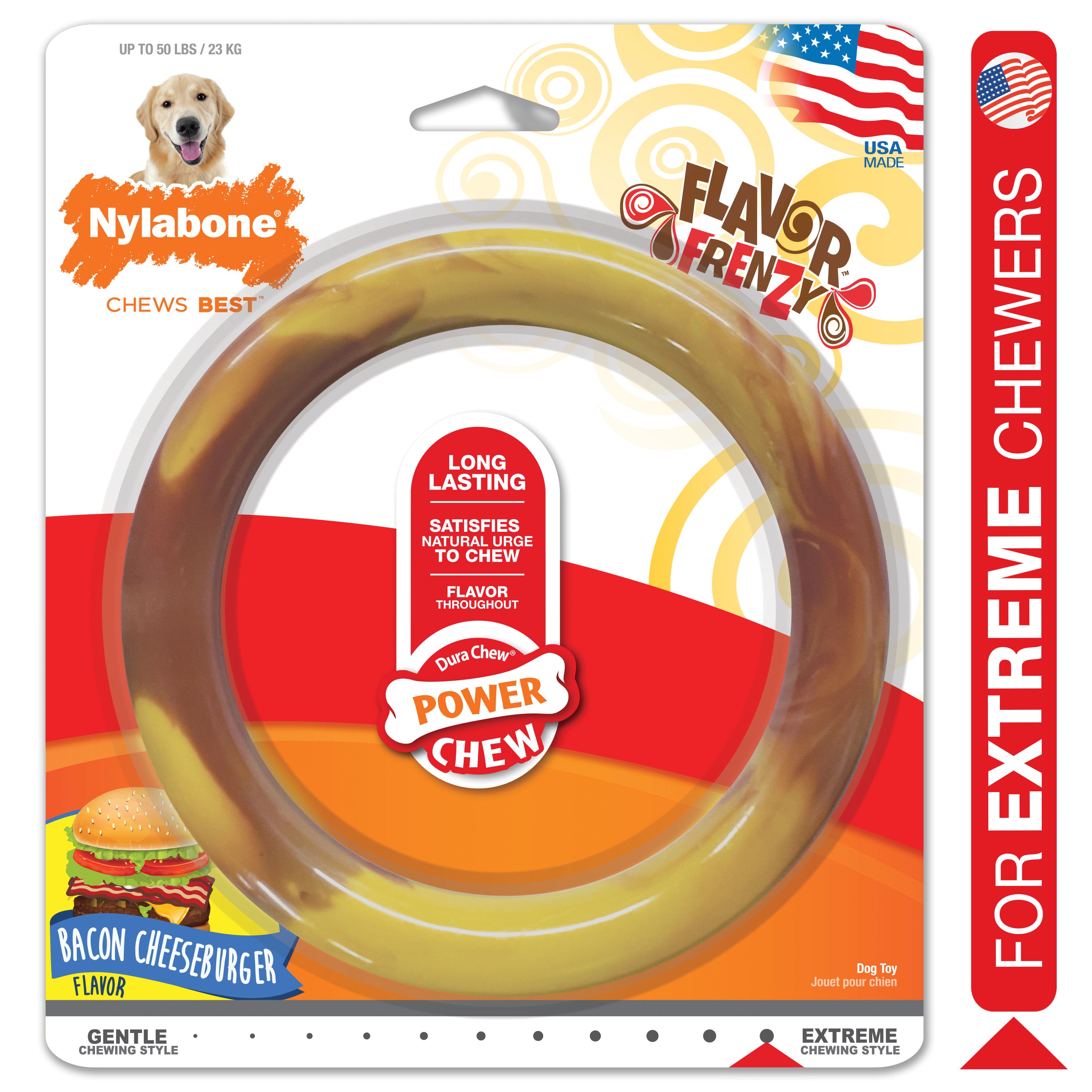 Nylabone Power Chew Flavor Frenzy Ring Dog Chew Toy Bacon Cheeseburger, 1ea/Large/Giant  Up To 50 Lbs. 1 ct