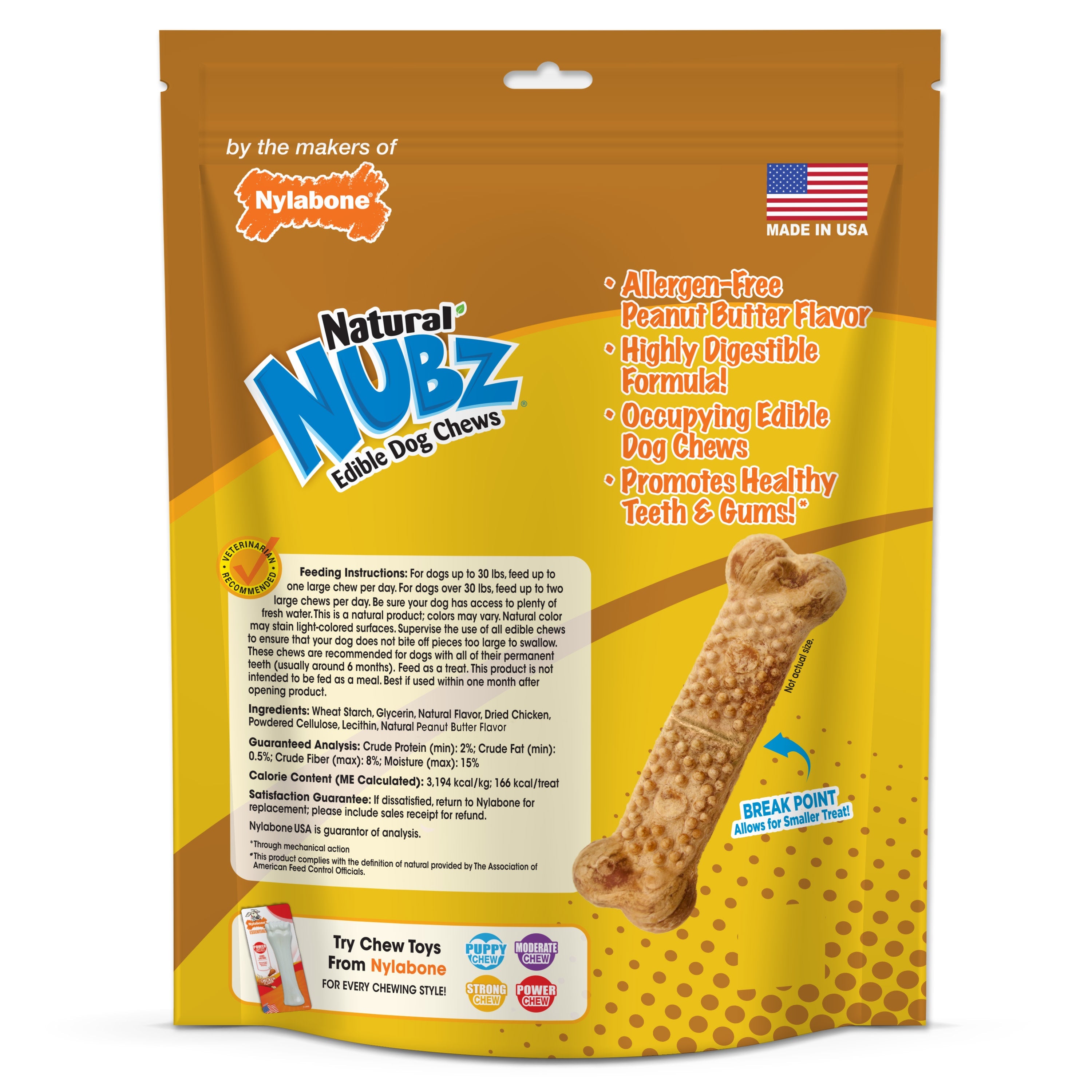 Nylabone Natural Nubz Dog Treats, AllergenFree Peanut Butter Peanut Butter, 1ea/Large  30 Lbs. 15 ct