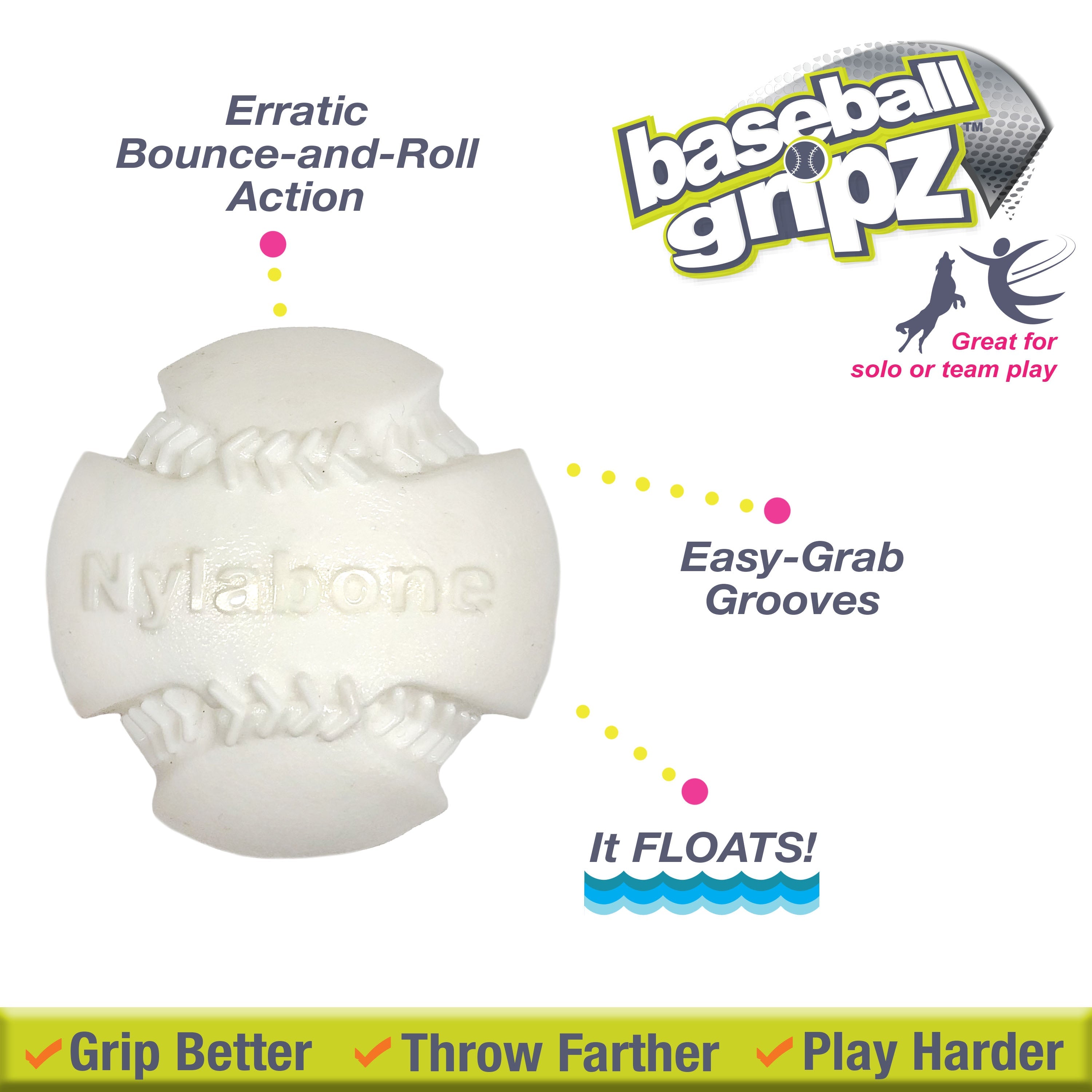 Nylabone Power Play Dog Baseball Gripz 1ea/Medium/Wolf  Up To 35 Lbs. 1 ct