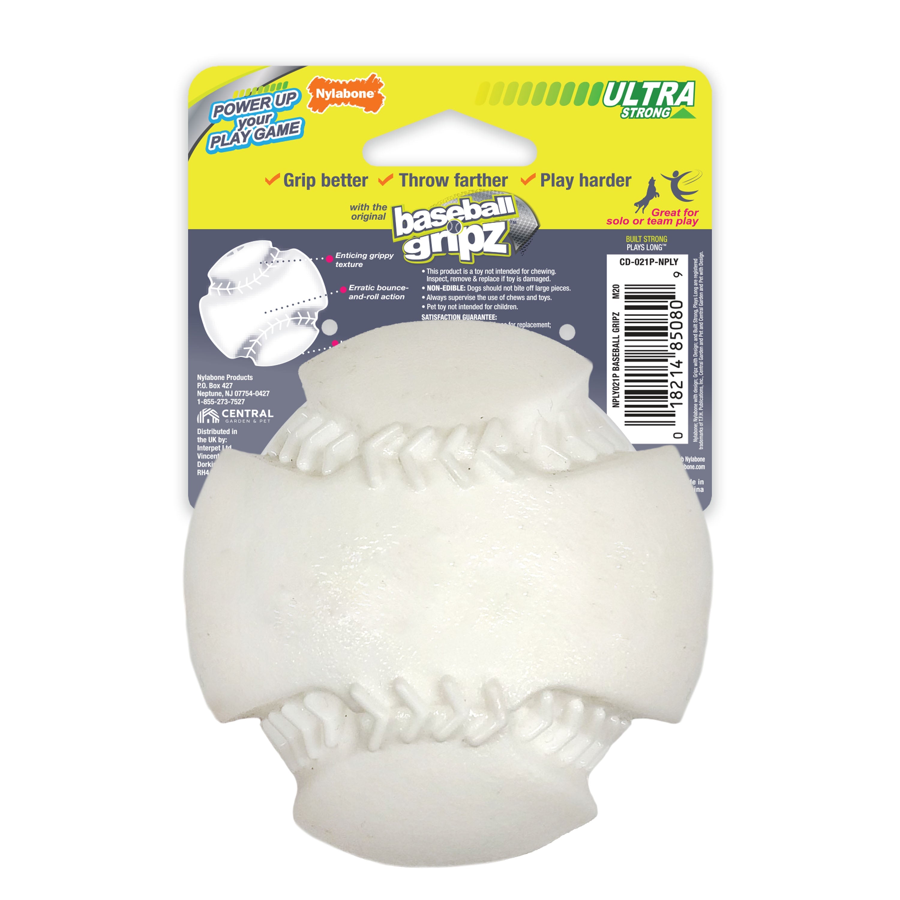 Nylabone Power Play Dog Baseball Gripz 1ea/Medium/Wolf  Up To 35 Lbs. 1 ct