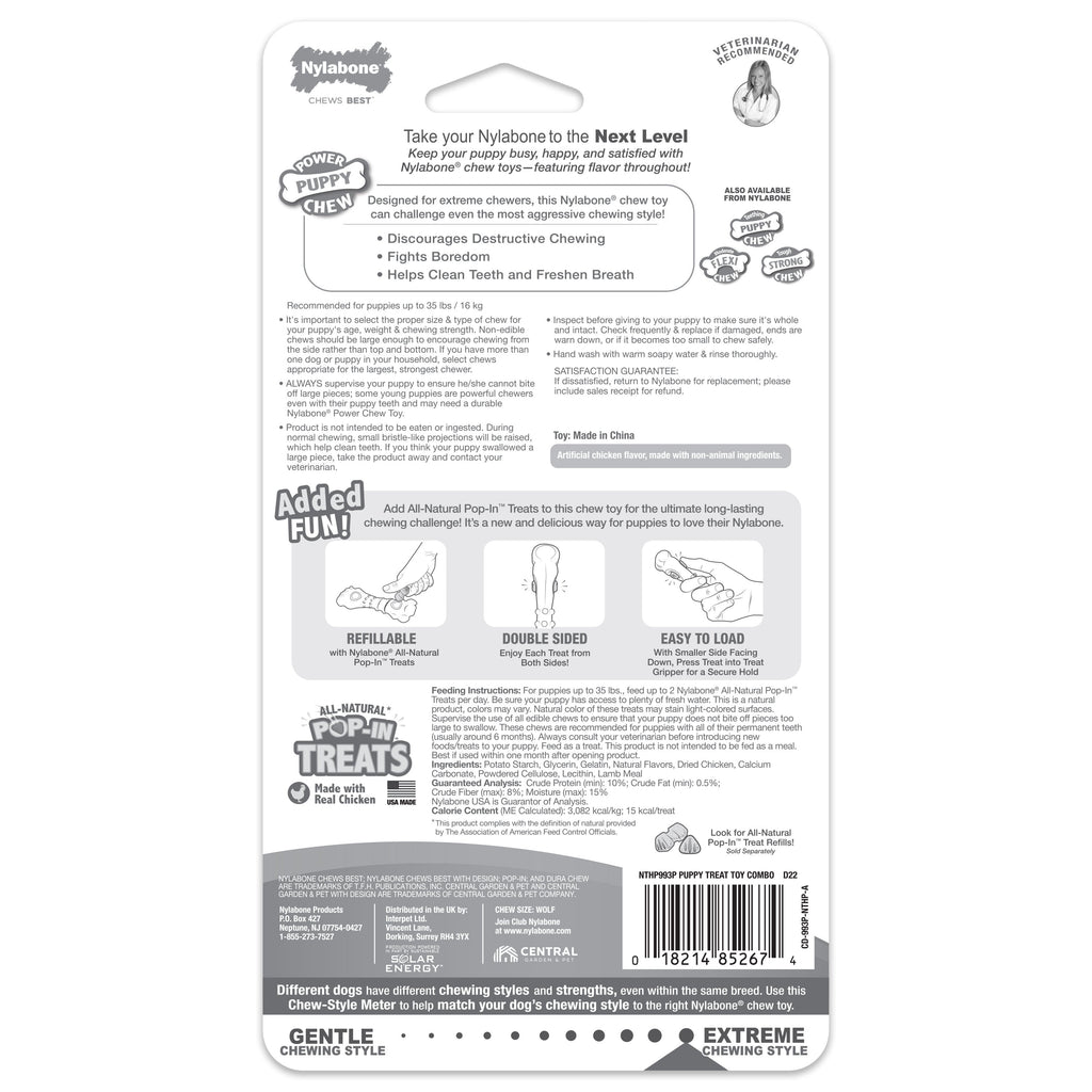 Nylabone Puppy Power Chew Souper Bone  PopIn Puppy Treat Toy Combo Chicken, 1ea/Medium/Wolf  Up To 35 Lbs. 1 ct