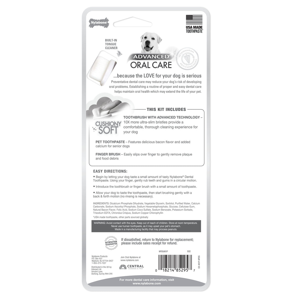 Nylabone Advanced Oral Care Senior Dog Dental Kit with Cushiony SoftBristle Toothbrush Bacon, 1ea/2.5 oz 3 ct