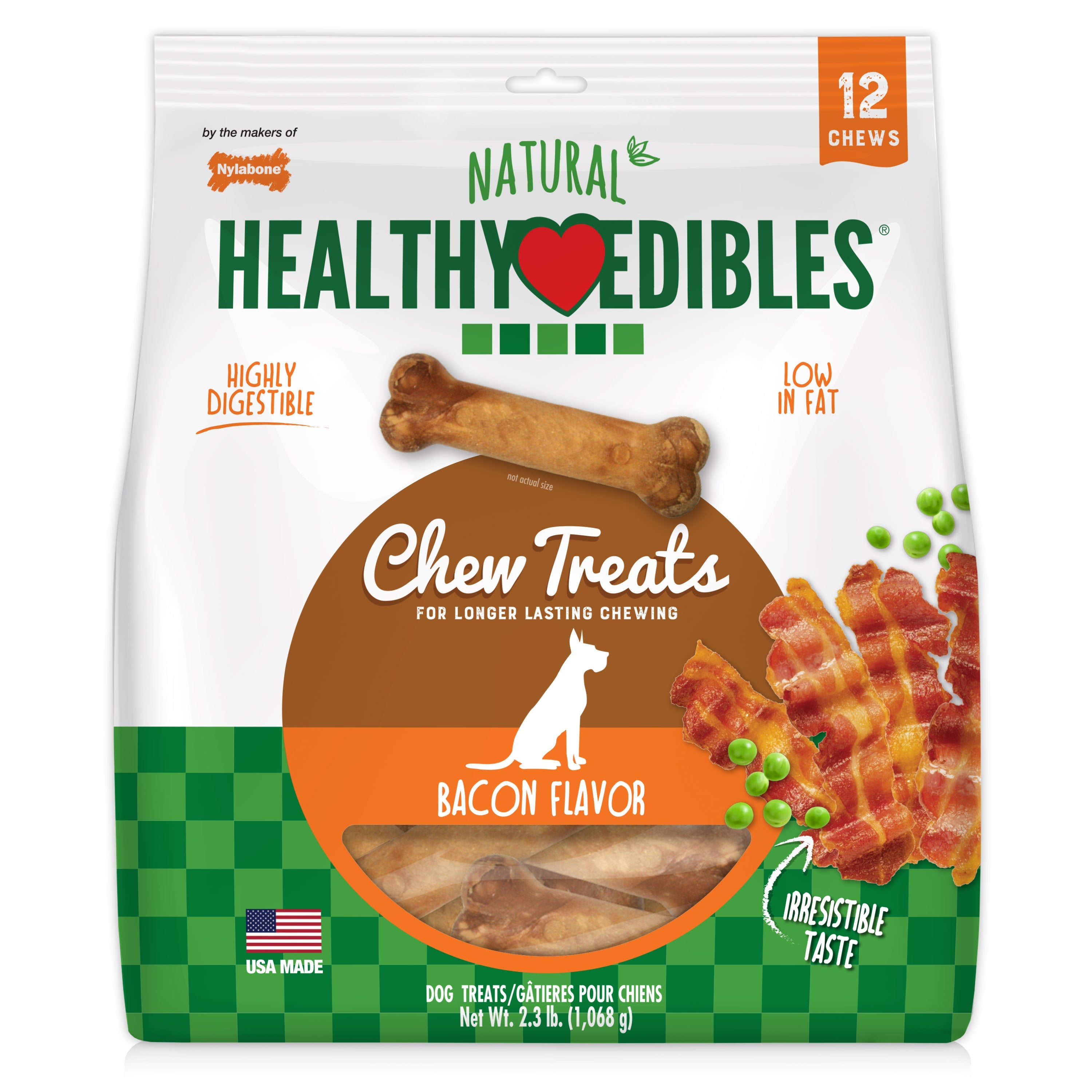 Nylabone Healthy Edibles AllNatural Long Lasting Chew Treats Bacon, 1ea/Medium/Wolf  Up To 35 Lbs. 12 ct