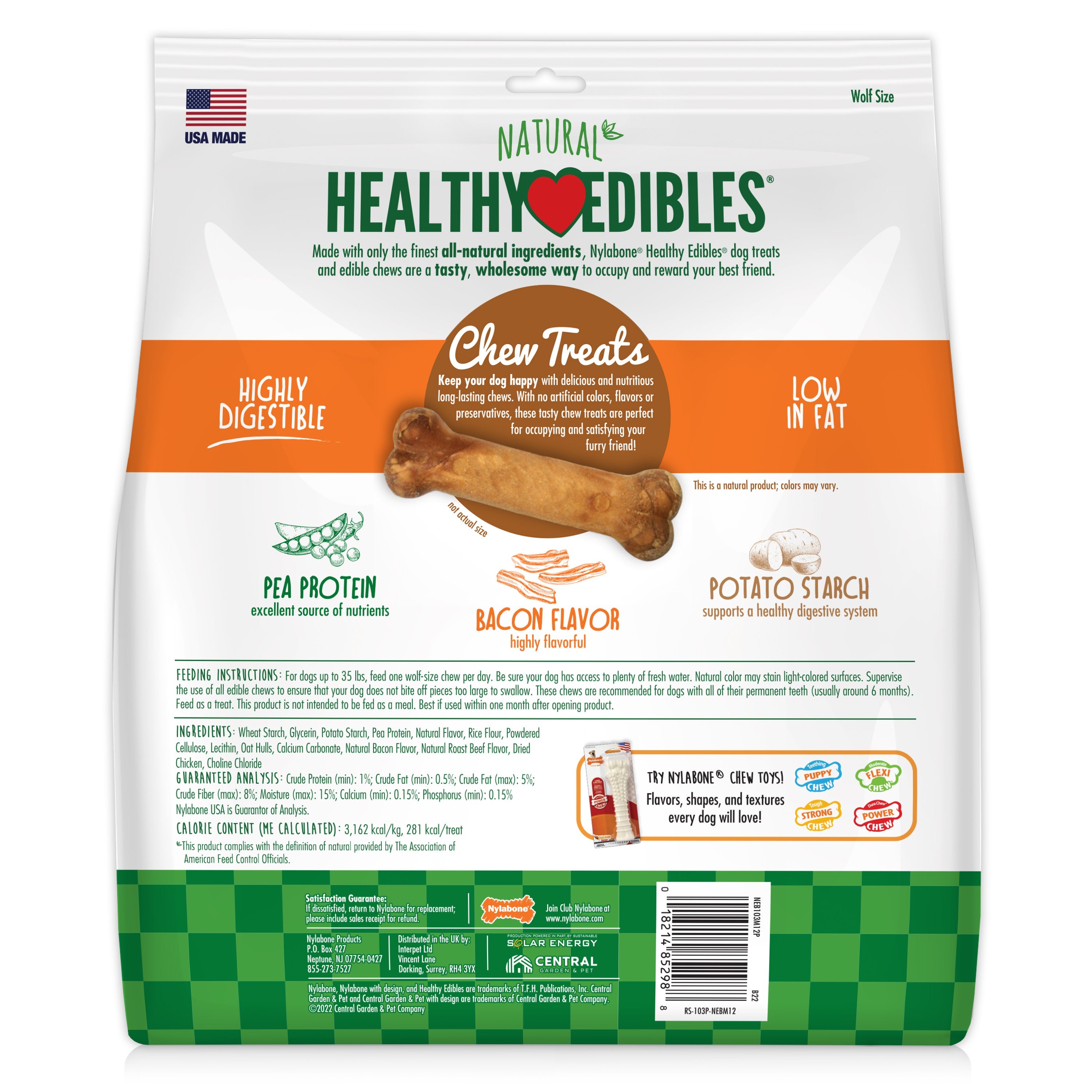 Nylabone Healthy Edibles AllNatural Long Lasting Chew Treats Bacon, 1ea/Medium/Wolf  Up To 35 Lbs. 12 ct