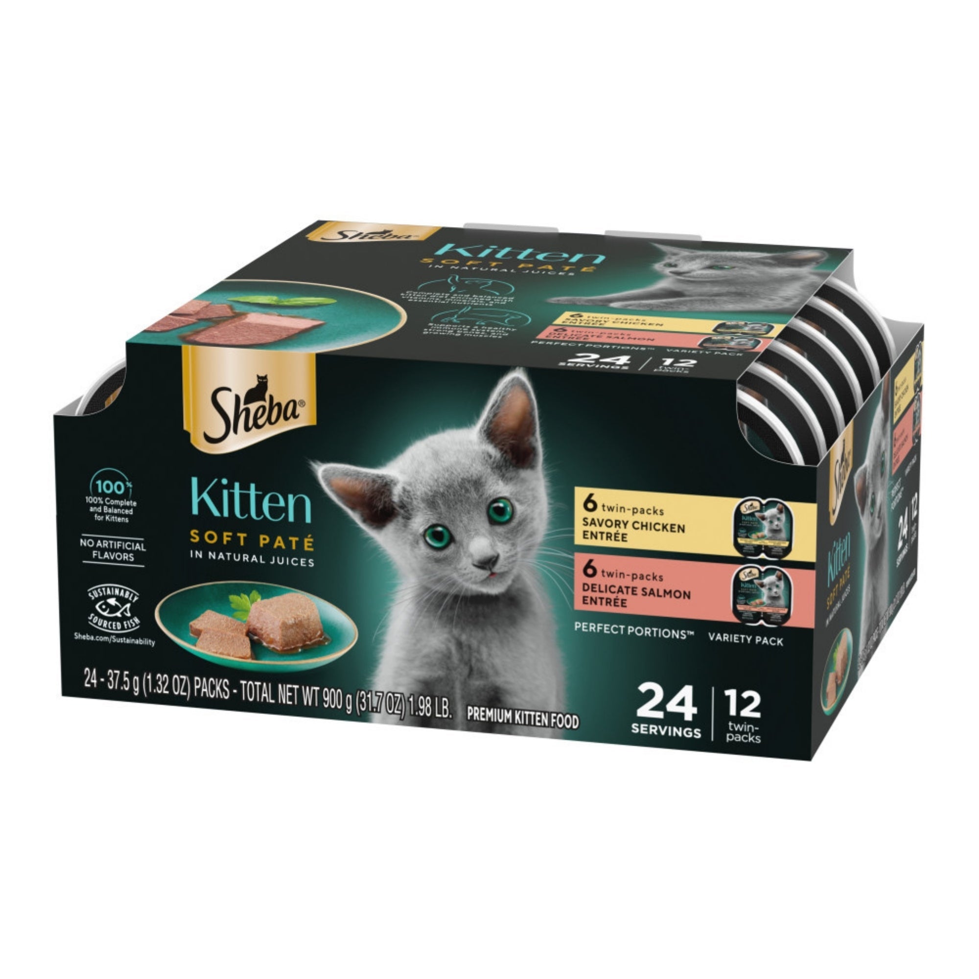 Sheba Perfect Portions Soft Pate Wet Kitten Food Variety Pack (Chicken, Salmon) 2.65oz