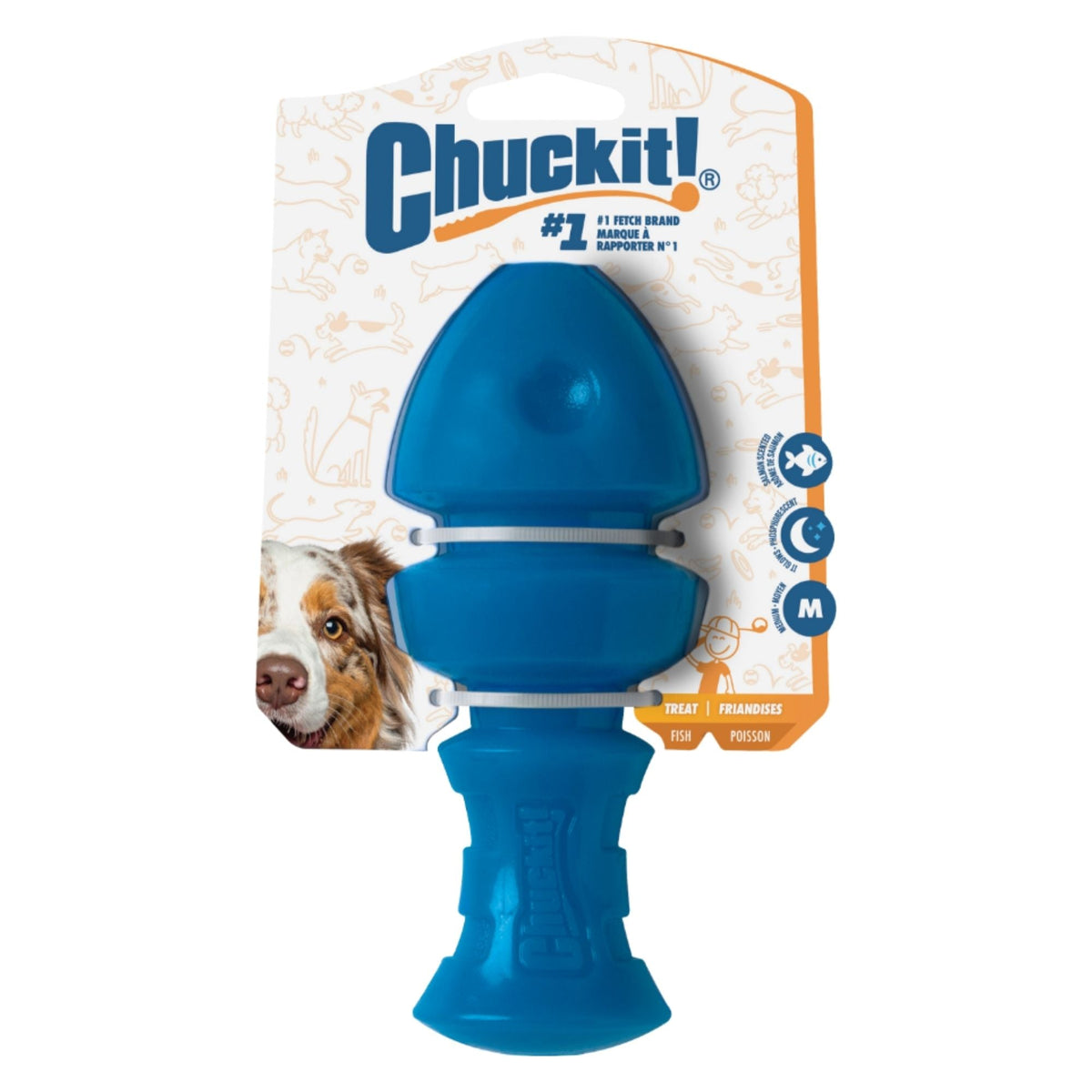Chuckit Dog Hyper Bonz Crunch Bone Glow Fish Treat Salmon Scent Blue Meduim