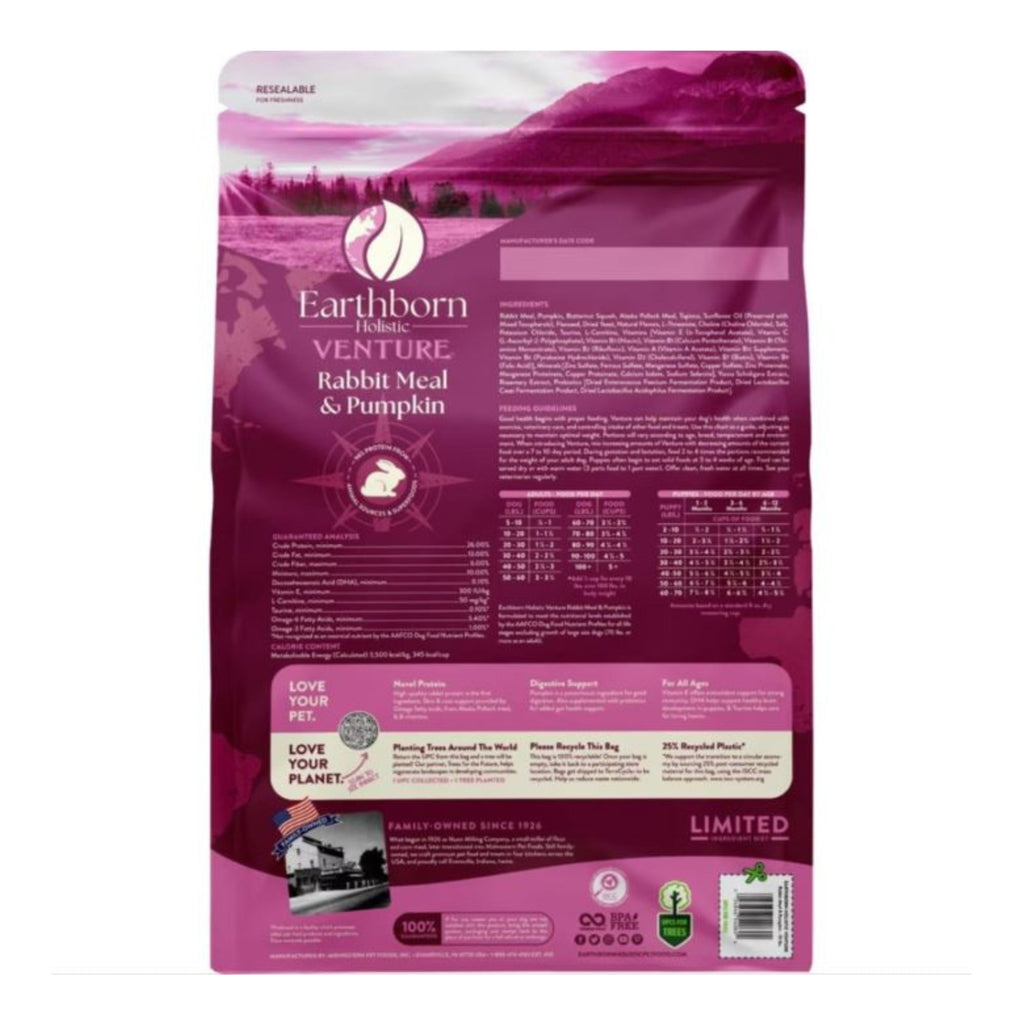 Earthborn Holistic Venture Limited Ingredient Diet Grain-Free Dry Dog Food Rabbit Meal & Pumpkin 25lb
