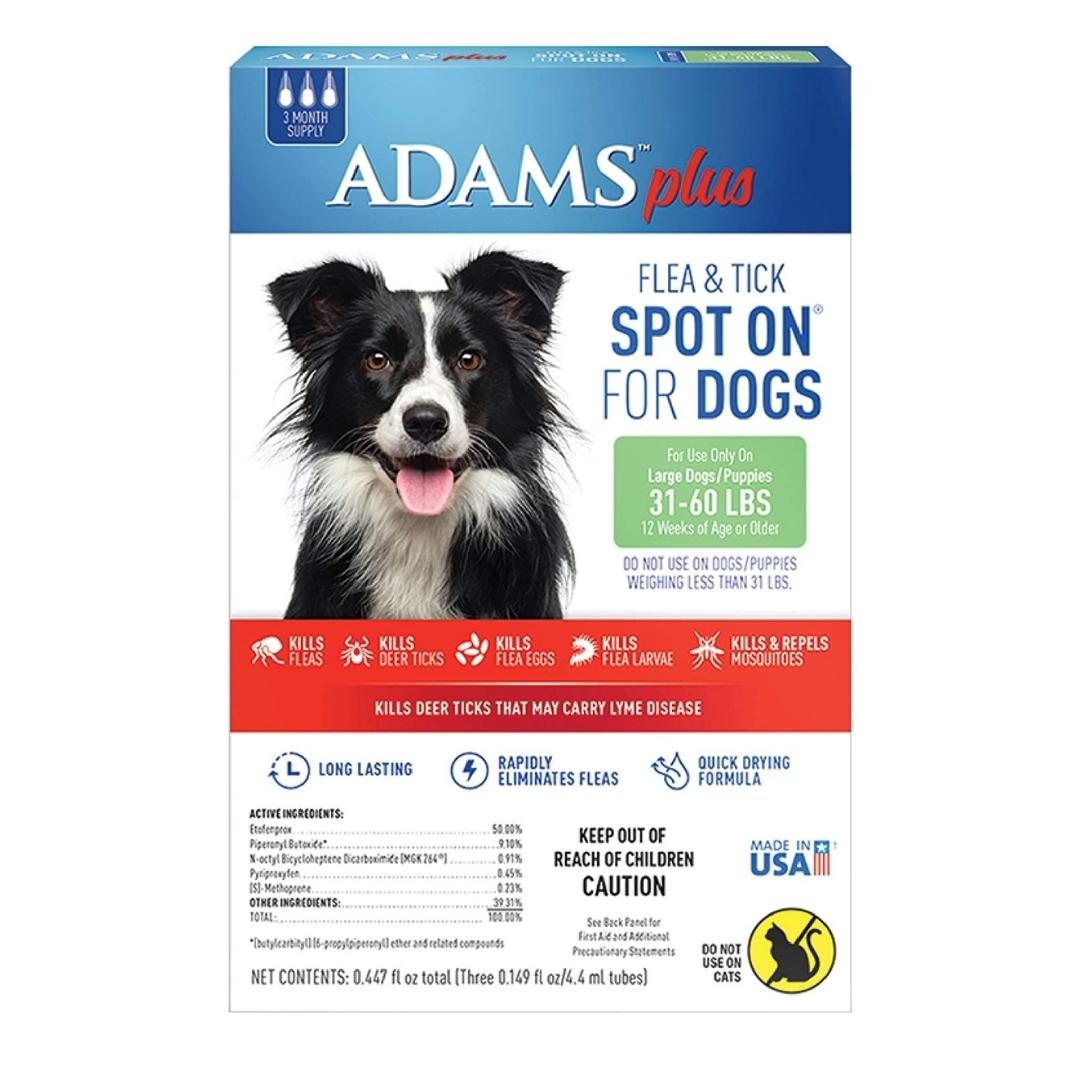 Adams Plus Flea  Tick Prevention Spot On for Dogs 3 Month Supply, Clear, 1ea/Large Dogs 31 To 60 lb