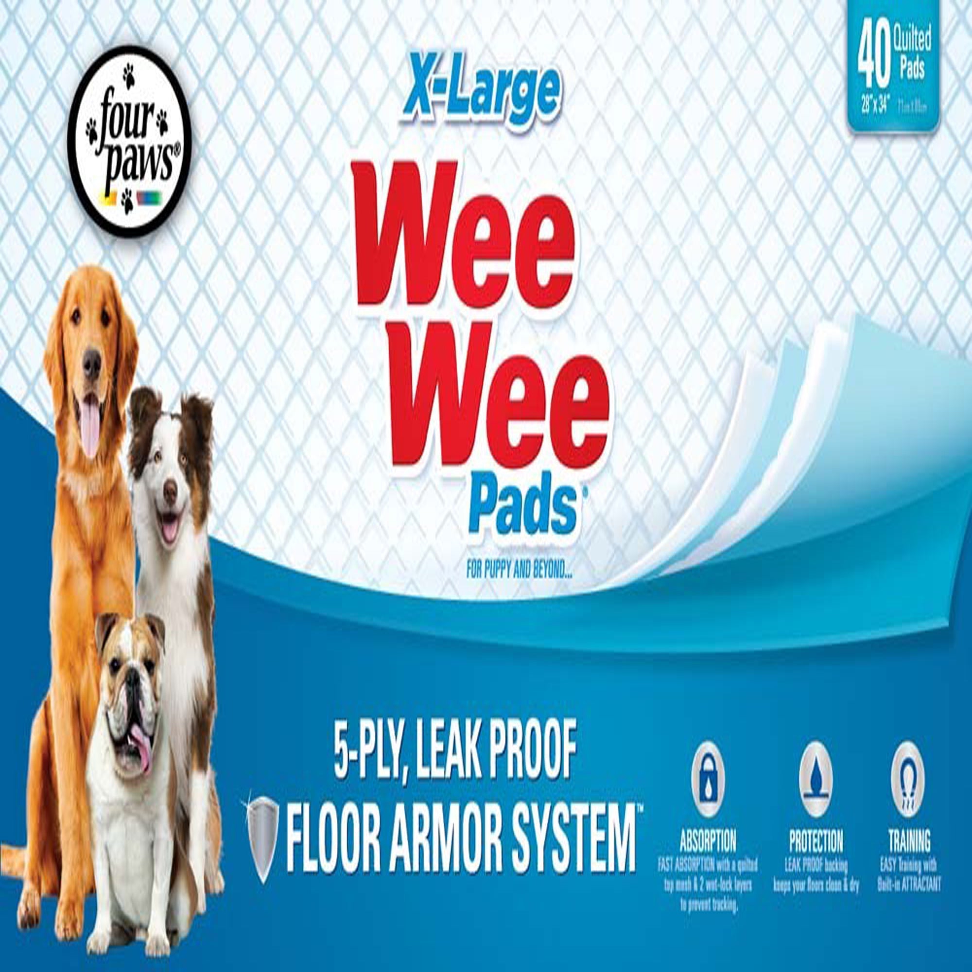 Four Paws WeeWee Superior Performance Gigantic Dog Pee Pads with Runoff Edge Guard 1ea/28 in X 34 in 40 ct