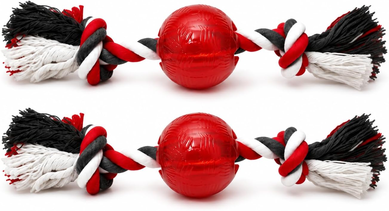 Strong Play Ball with Rope Dog Toy, Red, 2.5 in, Chew and Tug, 2 Pack Free Shipping*
