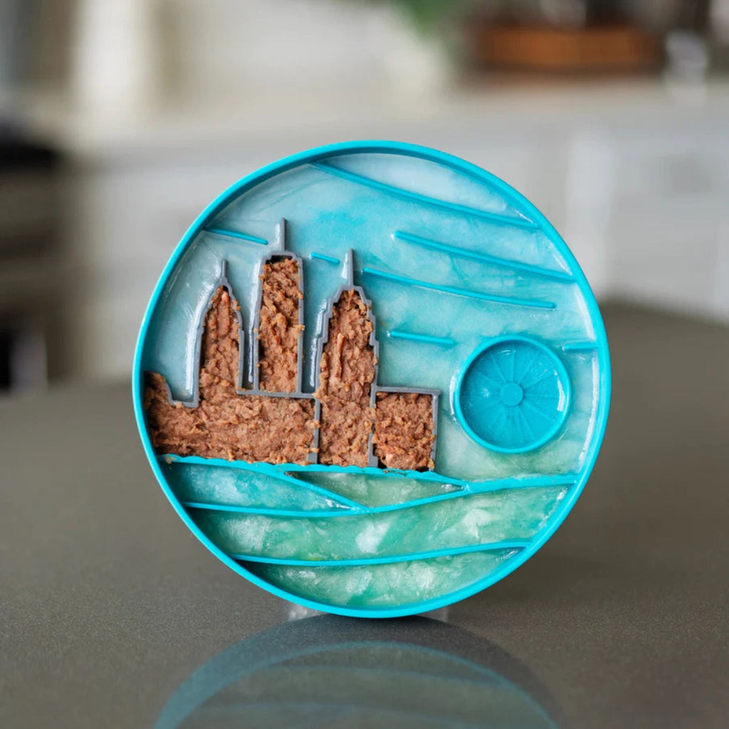 Messy Mutts Dog Silicone Interactive Lick Bowl City Pattern Blue