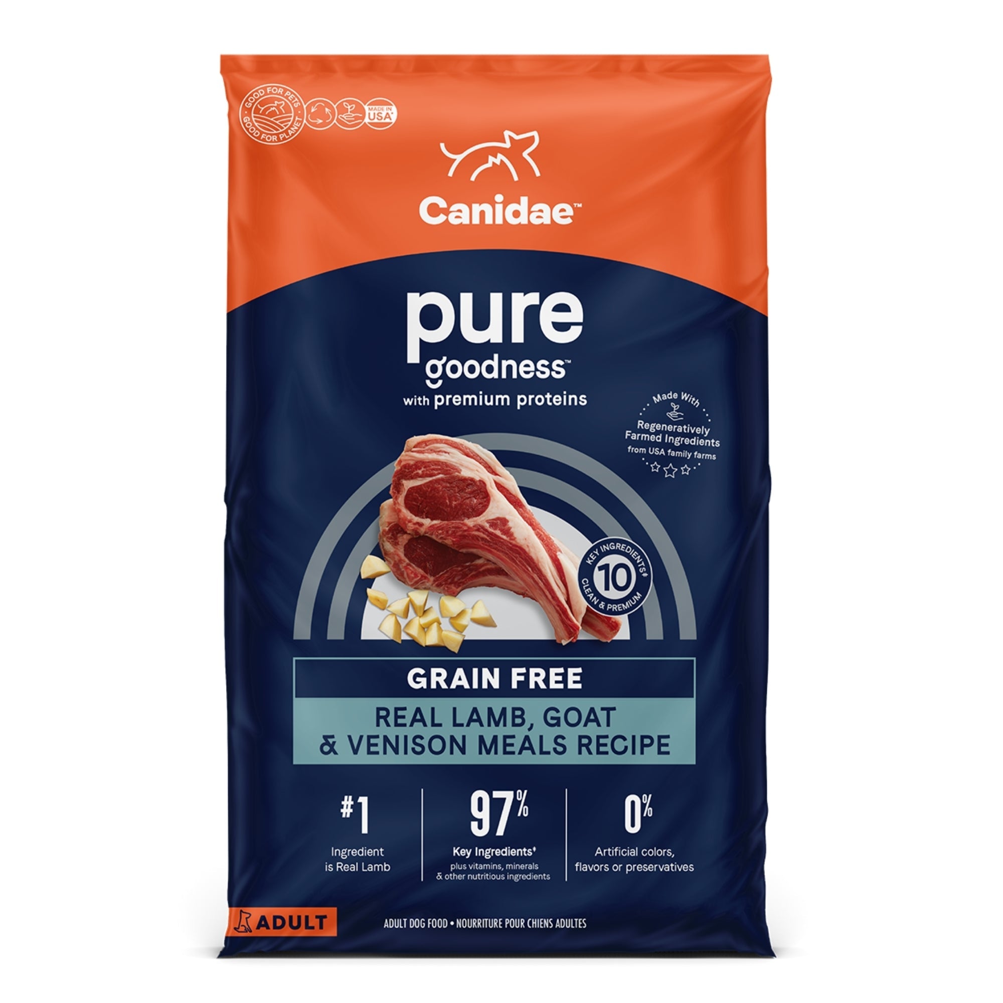CANIDAE PURE Goodness Grain-Free LID Dry Dog Food Lamb, Goat & Venison Meals 22lb