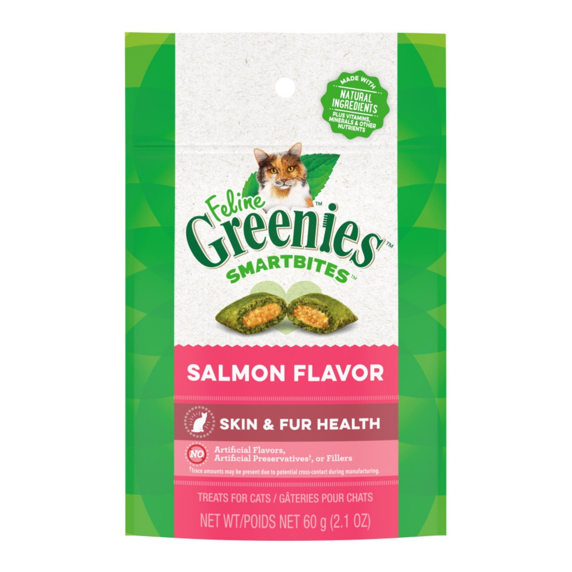 Greenies Feline SmartBites Skin  Fur Crunchy  Soft Adult Cat Treats Salmon, 1ea/2.1 oz