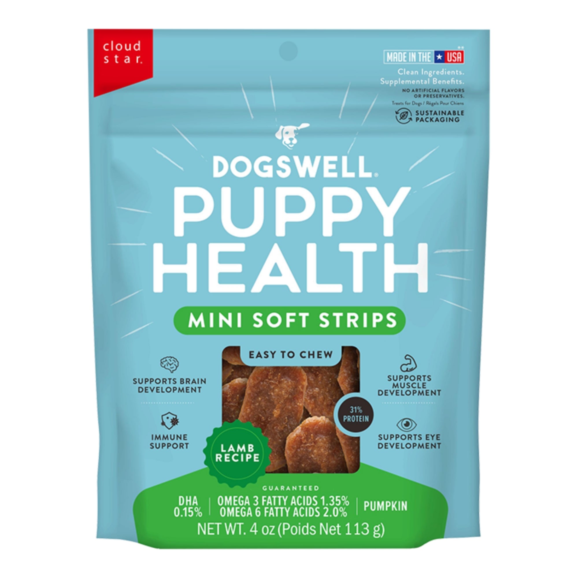 Dogswell Dog Lifestage Puppy Treats Mini Soft Strips Lamb 4oz.
