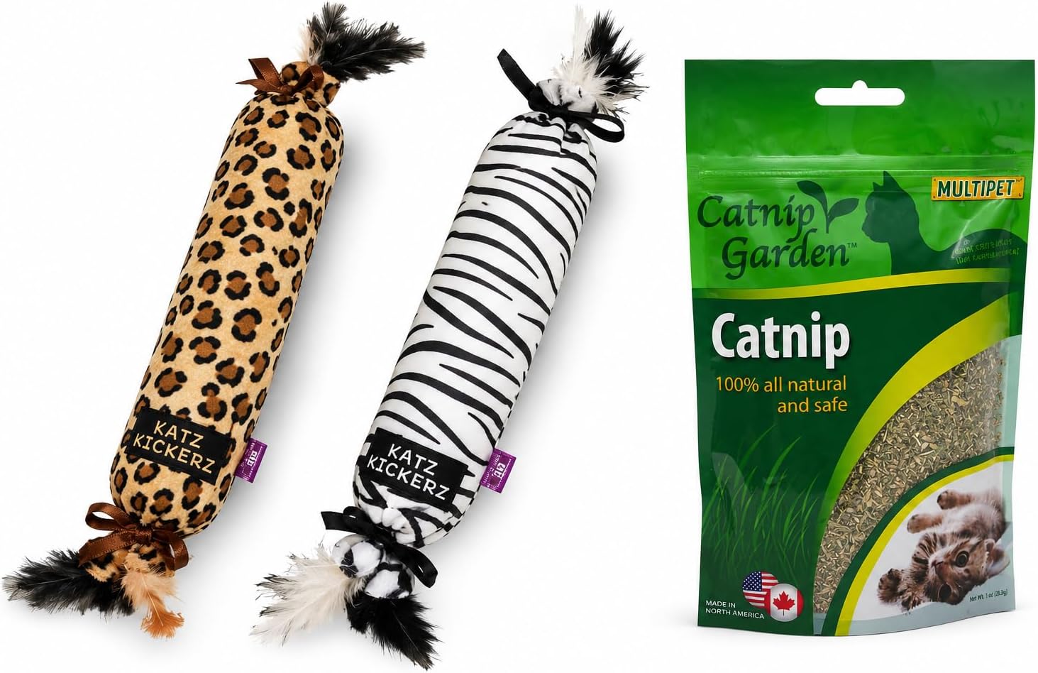 Kickerz Animal Print Plush Kicker Cat Toys, 2 Pack with Catnip Garden 1 oz