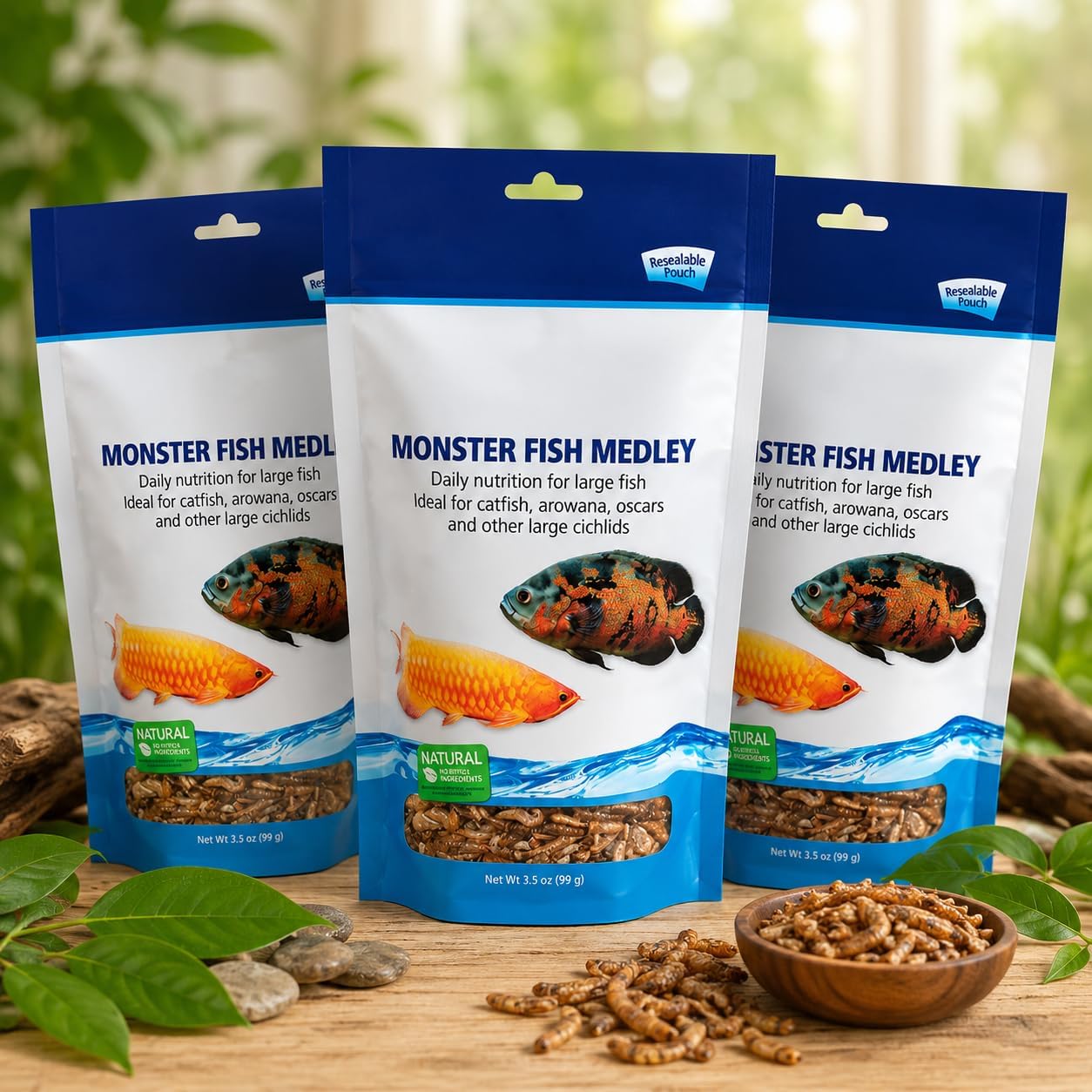 Monster Fish Medley Daily Nutrition for Large Fish, Natural Ingredients, 3.5 oz, 3 Pack | Free Shipping