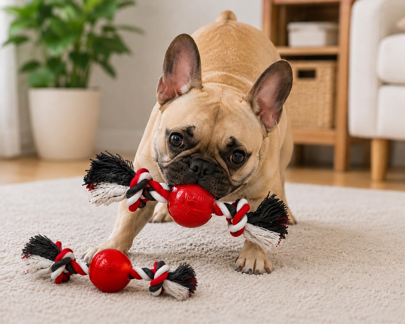 Strong Play Ball with Rope Dog Toy, Red, 2.5 in, Chew and Tug, 2 Pack Free Shipping*