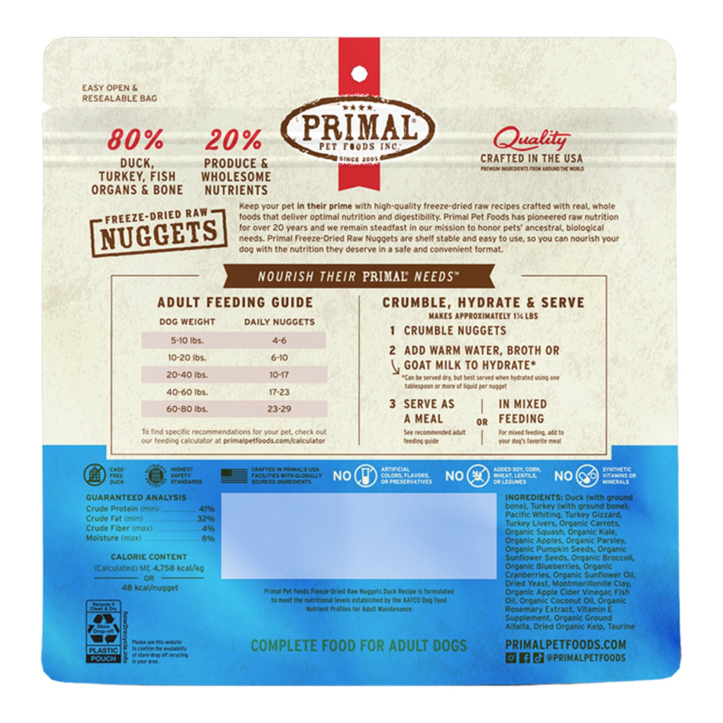 Primal Dog Freeze-Dried Duck Made With Turkey & Fish Formula Nuggets 5.5oz.