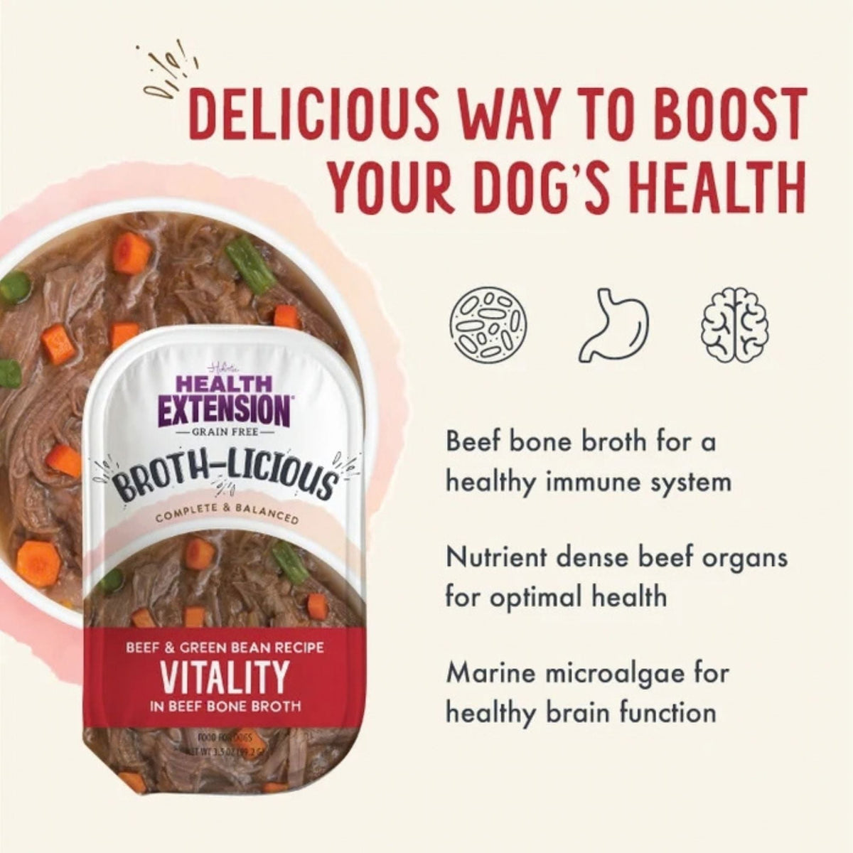Health Extension Broth-Licious Beef Green Bean Broth Topper 3.5oz. (Case of 12)