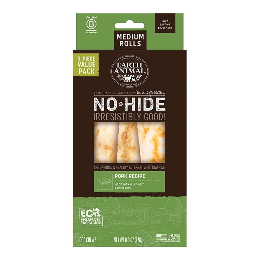 EARTH ANIMAL DOG NO-HIDE PORK ROLLS MEDIUM VALUE 3 PACK