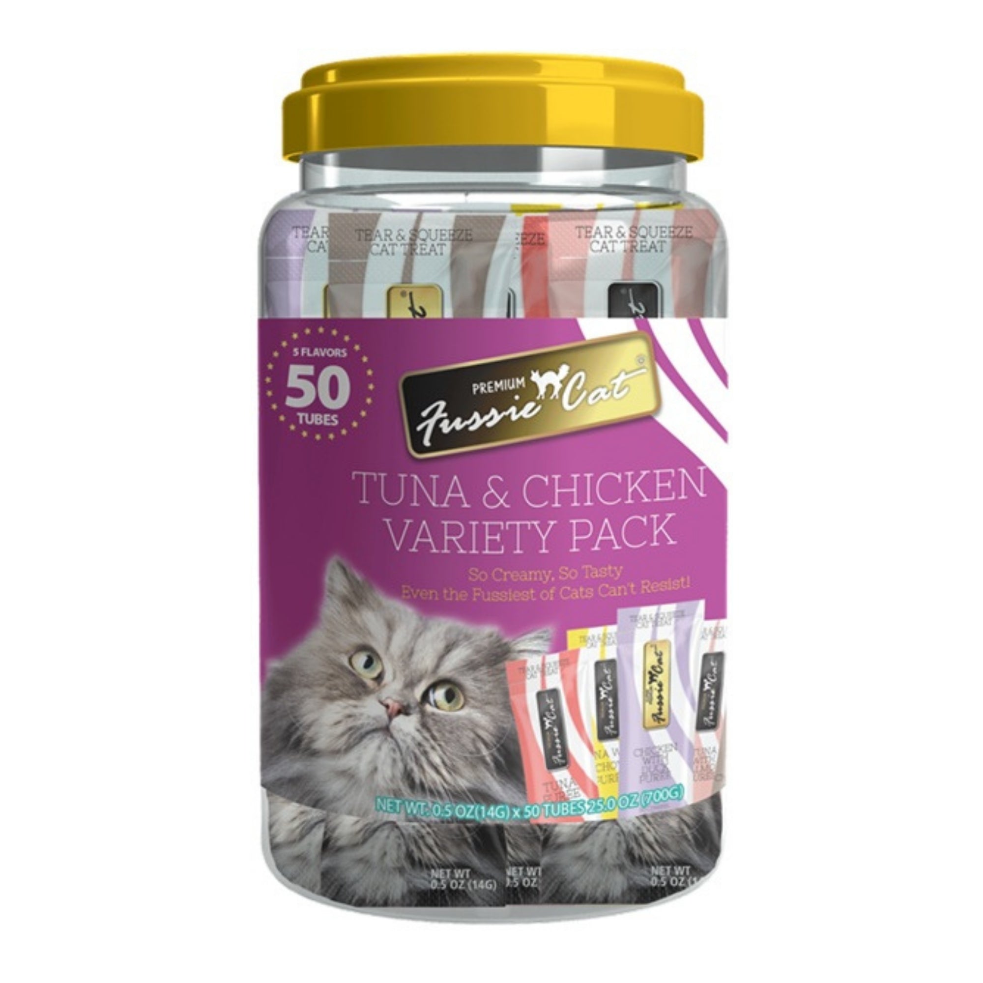 Fussie Cat Puree .5oz. Tuna Chicken Variety Pack 50Ct Purple Jar